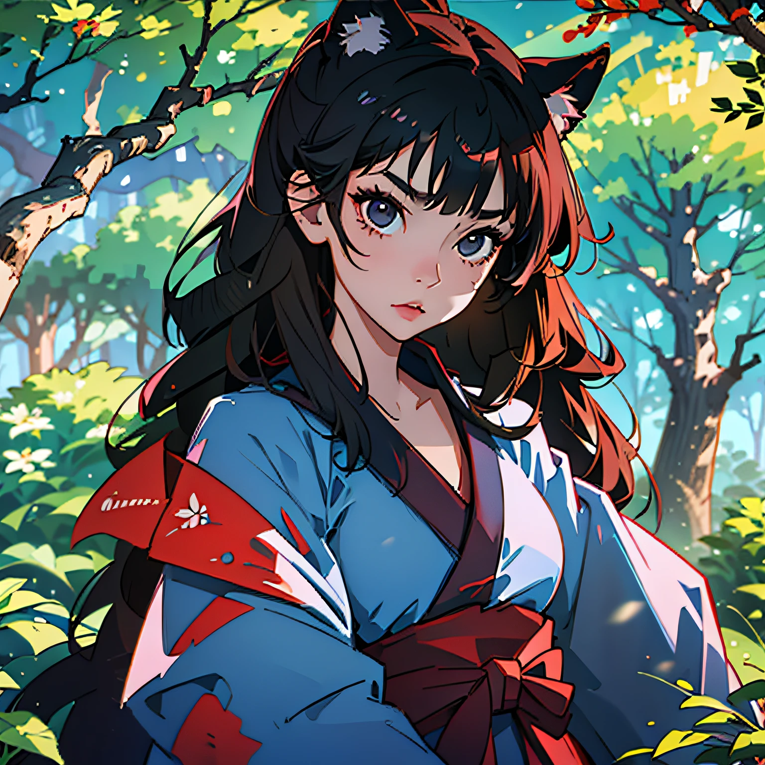 (grainy:0.7), (detailed:0.5), natural lighting, day, sakura trees, wind, BREAK girl, ears and wolf tail, serious, fun, detailed black eyes, detailed hair, detailed face, sideways, long black hair, uncut hair, (fully dressed: 1.2), red kimono, BREAK forest background, anime style, adult --auto --s2