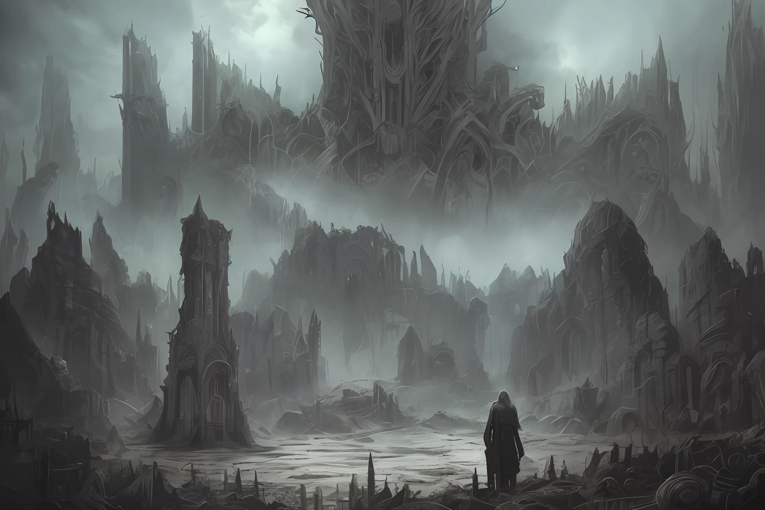 horror art inspired by Giger and Dan Seagrave, inside of dark valley with biomechanical monuments, black abyss, between polluted waterfall, ruins and an ancient cemetery as background, around Strong shadows, digital painting, horror art, devastated downtown as background, art by Vincent Locke