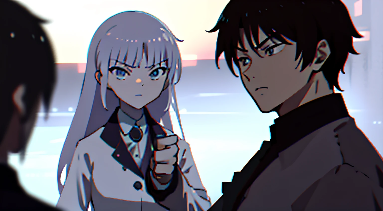 The protagonist confronts his sister-in-law, pointing his finger at her with a stern expression. The camera zooms in on his face and his sister-in-law's shocked expression.