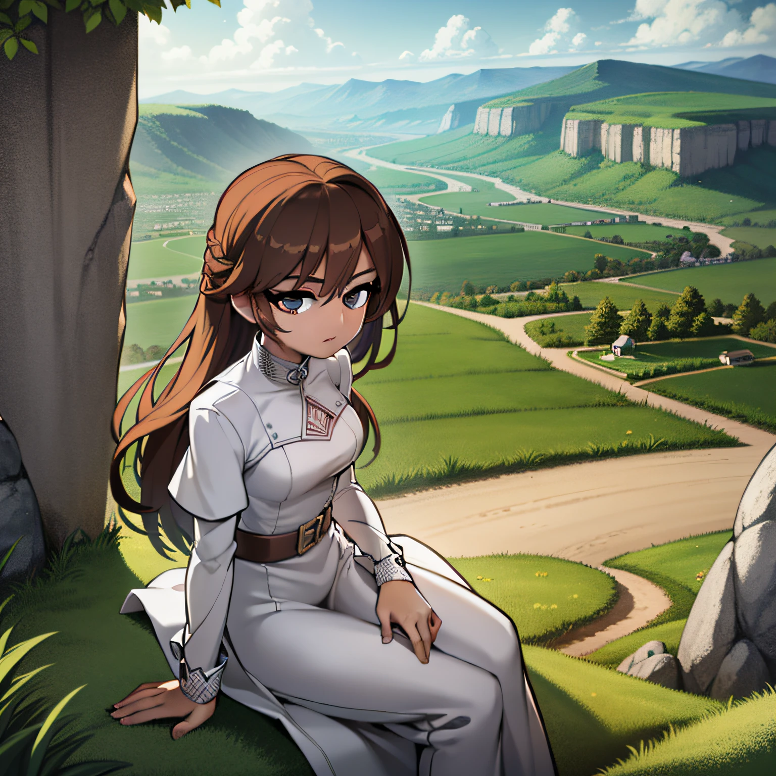 (masterpiece), (best quality), (high resolution), dutch angle, hyper detailed, solo, girl, detailed_background, landscape, the girl in the photo stands on a rocky cliff overlooking a vast and magnificent landscape. She seemed lost in thought, her hair fluttering gently in the wind. Her attire is simple and elegant, which could be a flowy dress or a stylish jumpsuit. The backdrop is a breathtaking vista of rolling hills, majestic mountains and clear blue skies. The light in the photo is a warm golden color that casts long shadows across the landscape, creating a sense of depth and texture. Dutch perspective adds an interesting and dynamic perspective, as if the viewer is looking at the scene from a slightly oblique or off-balance perspective. The level of detail in the photos is truly impressive, with every blade of grass, rock formation and cloud rendered with hyperreal precision. Despite the majesty of the landscape, the focus of the photo remains on the girl, who exudes a quiet strength and grace. The high resolution of the images allows for a rich and immersive viewing experience, with every detail clearly presented. Overall, this photo is a true masterpiece of composition, lighting and storytelling, conveying awe and wonder at the beauty of the natural world.