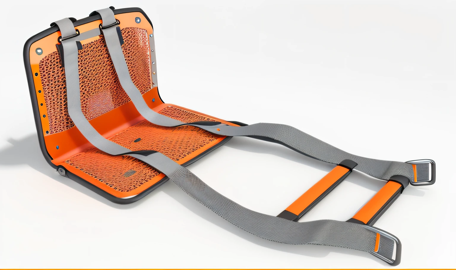 realistic render of a sled with a seat belt attached to it, computer generated, nylon harness, orange metallic plate,  angle view,