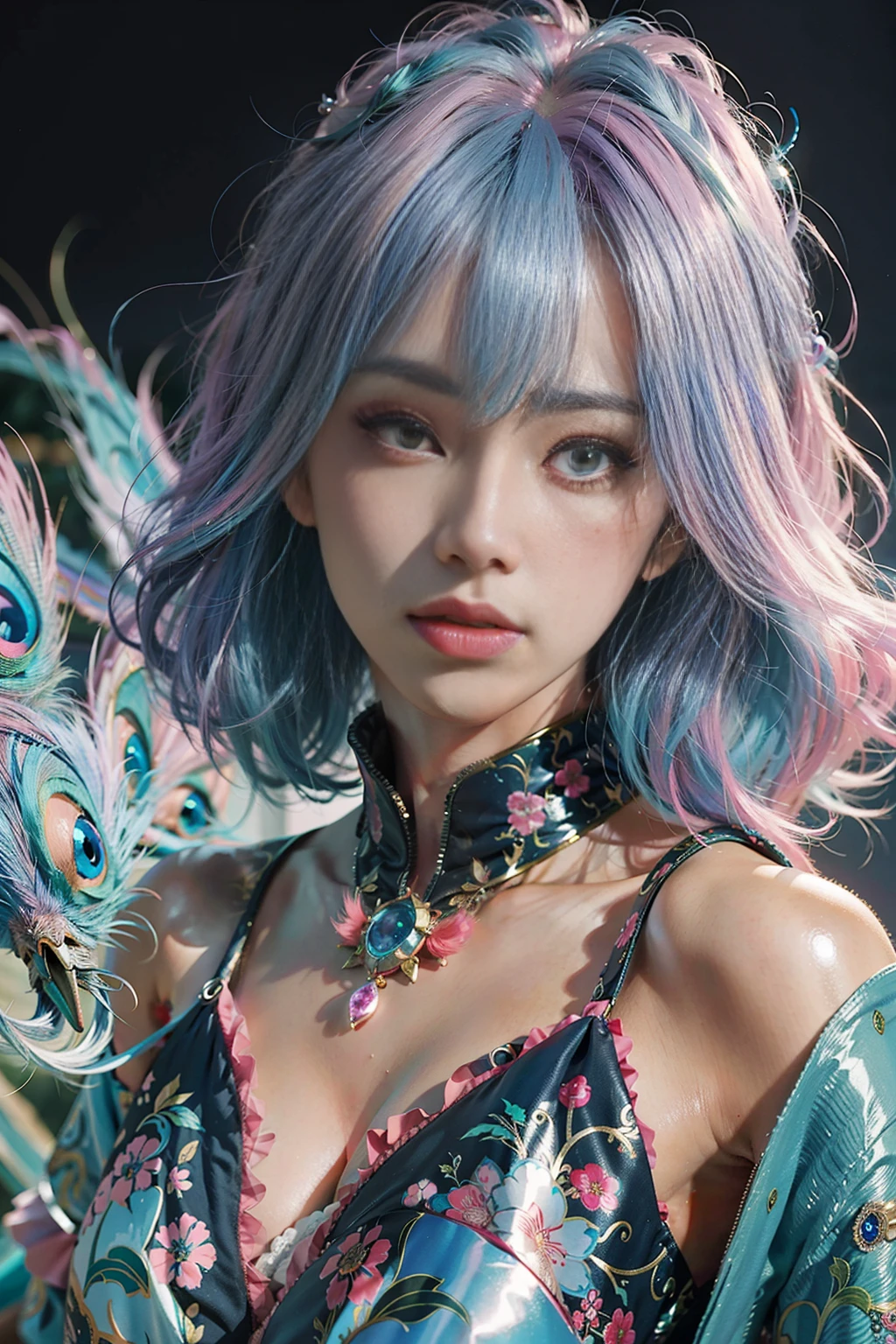 Girl with blue-pink hair and peacock feathers, inspired by Nari Hiko-kun, CGSOCIETY, 🌺 anime style. 8K, anime style 3D, popular on CGSTATION, 8K high quality detail art, Guvez style artwork, fantasy art style, realistic anime 3D style, anime inspiration, anime style mixed with Fujifilm