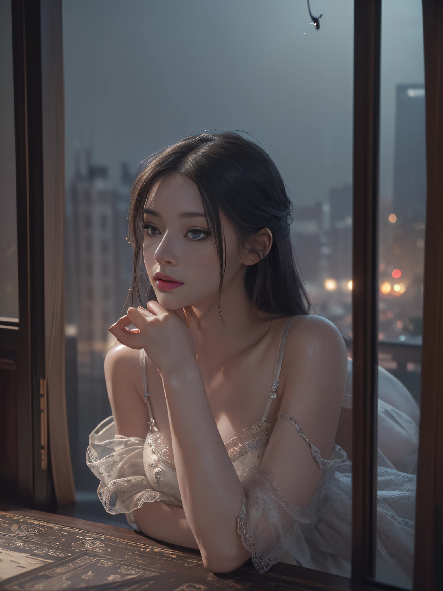 Prostitute, (seductive, enchanting, alluring), hotel window at night(raw photo ,photorealistic:1.5)(beautiful detailed girl, extremely detailed eyes and face:1.2)(best quality ,masterpiece, illustration, an extremely delicate and beautiful, extremely detailed ,CG ,unity ,8k wallpaper, Amazing, finely detail, best quality,official art:1.3)