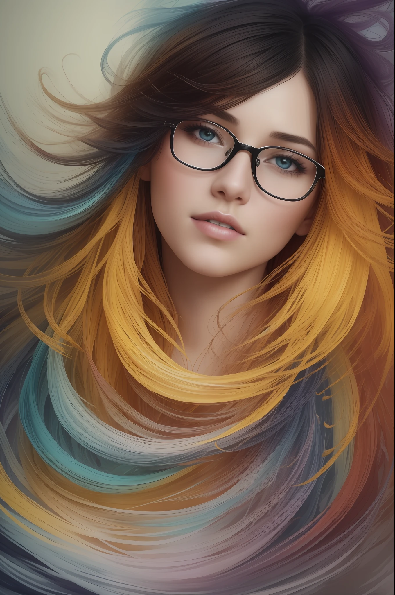 Cute girl in color: 30 year old girl, wearing glasses, messy hair, oil painting, perfect face with smooth skin and perfect face, yellow blue colors, light purple and violet additions, light red additions, intricate details, splash screen , 8k resolution, masterpiece , beautiful face, digital painting artstation smooth flow of black ink: 8k resolution photorealistic masterpiece: intricately detailed fluid gouache painting: by Jean Baptiste Mongue: calligraphy: acrylic: watercolor art, photography professional, natural lighting, volumetric lighting maximalist photoillustration: by marton bobzert: , complex, elegant, expansive, fantastic, wavy hair, vibrant