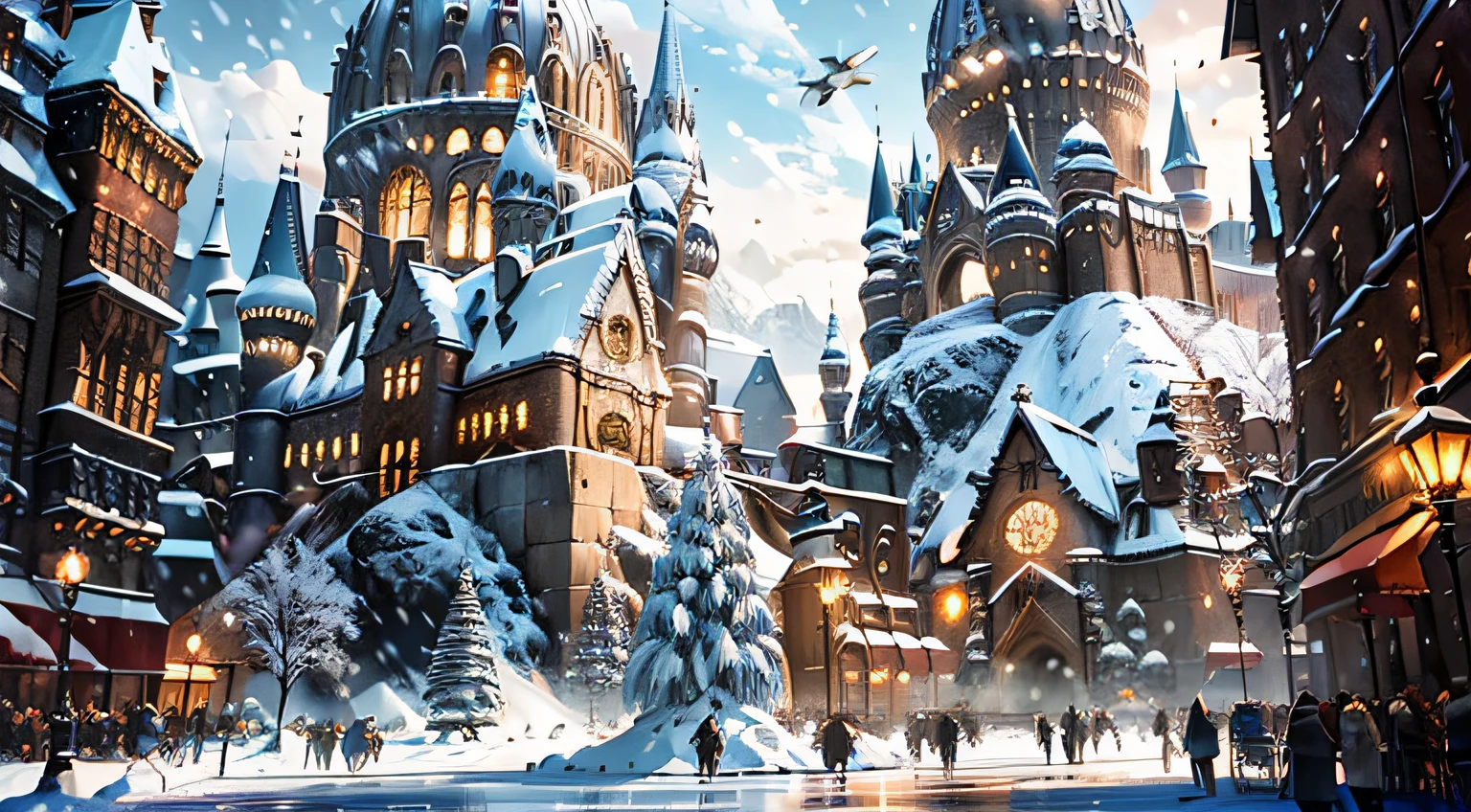 ((masterpiece)), best quality, high quality, ((extremely detailed CG unity 8k wallpaper)),(fantasy), city square full of crowd, winter season, snowy environment, magic movie style, harry potter movie style 3D Digital Paintings, award winning photography, Bokeh, Depth of Field, HDR, bloom, Chromatic Aberration ,Photorealistic, extremely detailed, trending on artstation, trending on CG society, Intricate, High Detail, dramatic, art by midjourney