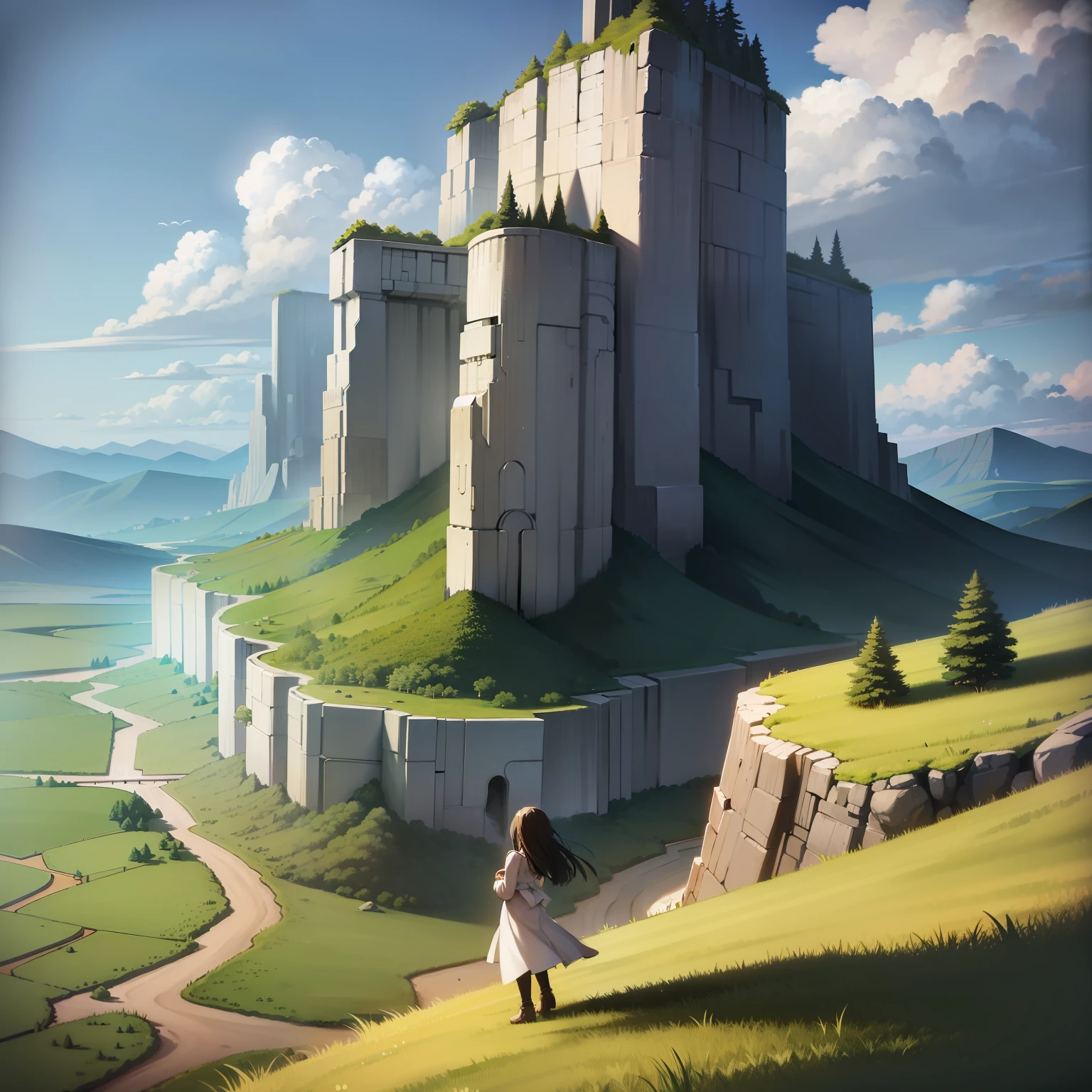 (masterpiece), (best quality), (high resolution), dutch angle, hyper detailed, solo, girl, detailed_background, landscape, the girl in the photo stands on a rocky cliff overlooking a vast and magnificent landscape. She seemed lost in thought, her hair fluttering gently in the wind. Her attire is simple and elegant, which could be a flowy dress or a stylish jumpsuit. The backdrop is a breathtaking vista of rolling hills, majestic mountains and clear blue skies. The light in the photo is a warm golden color that casts long shadows across the landscape, creating a sense of depth and texture. Dutch perspective adds an interesting and dynamic perspective, as if the viewer is looking at the scene from a slightly oblique or off-balance perspective. The level of detail in the photos is truly impressive, with every blade of grass, rock formation and cloud rendered with hyperreal precision. Despite the majesty of the landscape, the focus of the photo remains on the girl, who exudes a quiet strength and grace. The high resolution of the images allows for a rich and immersive viewing experience, with every detail clearly presented. Overall, this photo is a true masterpiece of composition, lighting and storytelling, conveying awe and wonder at the beauty of the natural world.