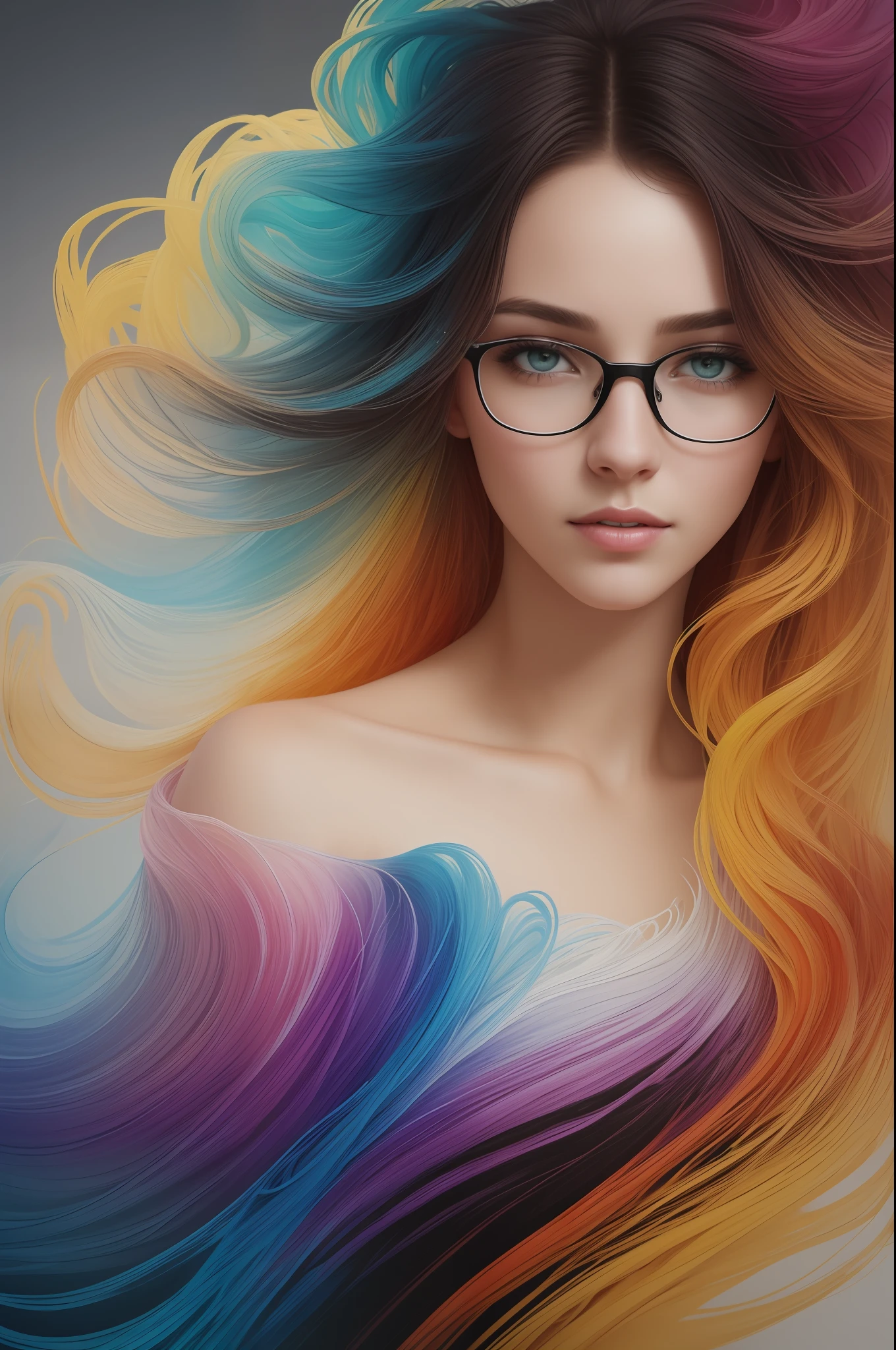 Cute girl in color: 30 year old girl, wearing glasses, messy hair, oil painting, perfect face with smooth skin and perfect face, yellow blue colors, light purple and violet additions, light red additions, intricate details, splash screen , 8k resolution, masterpiece , beautiful face, digital painting artstation smooth flow of black ink: 8k resolution photorealistic masterpiece: intricately detailed fluid gouache painting: by Jean Baptiste Mongue: calligraphy: acrylic: watercolor art, photography professional, natural lighting, volumetric lighting maximalist photoillustration: by marton bobzert: , complex, elegant, expansive, fantastic, wavy hair, vibrant