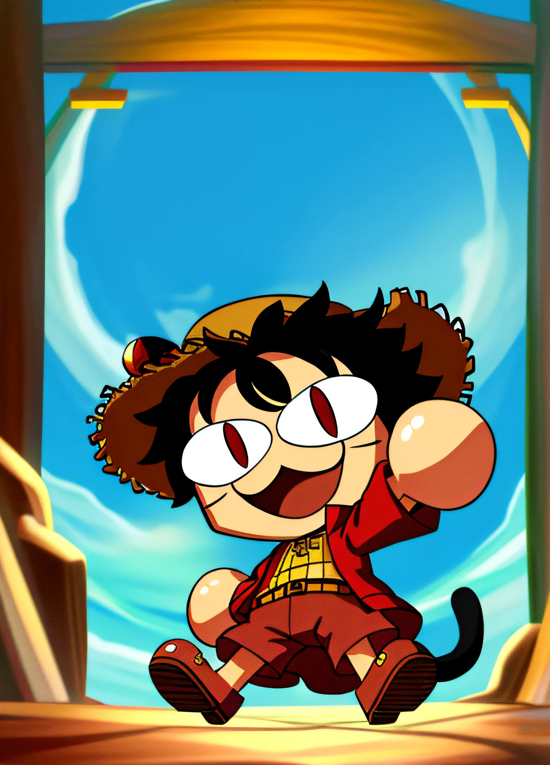 Ultra detailed, high resolution, masterpiece, wanostyle, monkey d luffy, 1boy, full body, :3, cat ears, chibi, cat girl, cat tail, solo, slit pupil, straw hat