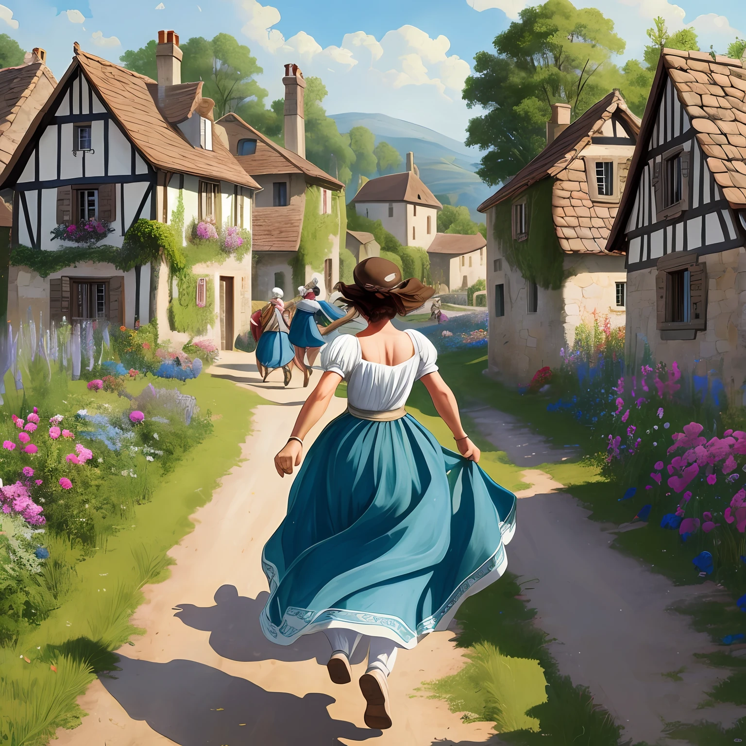 1920 by 1080 In a medieval village a woman running to the crowd of people of the village Medieval houses, in a field, with vegetable gardens, painting style, epoca anti de cristo Image in landscape, crowd of people in circle --auto --s2
