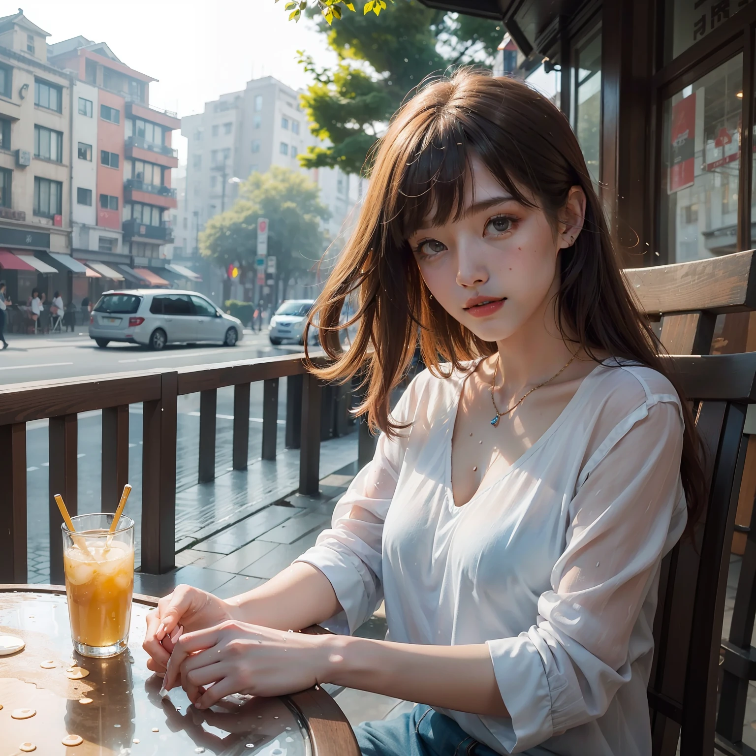 A beautiful young woman sitting in a street café in Hangzhou, portrait of William Heinretz, watercolor, wetting and splashing technique, centered, perfectly composed, abstract, surreal