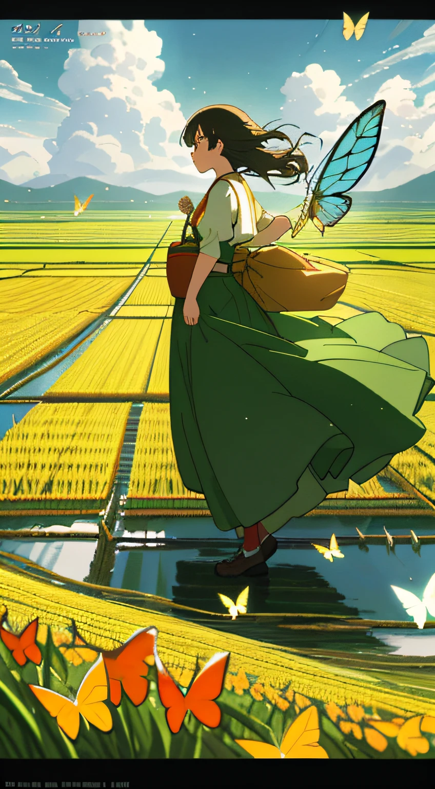 Romanticism, anime, anime style, cinematic lighting, 8k, super detail, ccurate, best quality, UHD, masterpiece, mango poster design, poster, mangseed, rice field, stream, nature, 1 girl catching butterflies, hayao miyazaki manga style, summer, heal