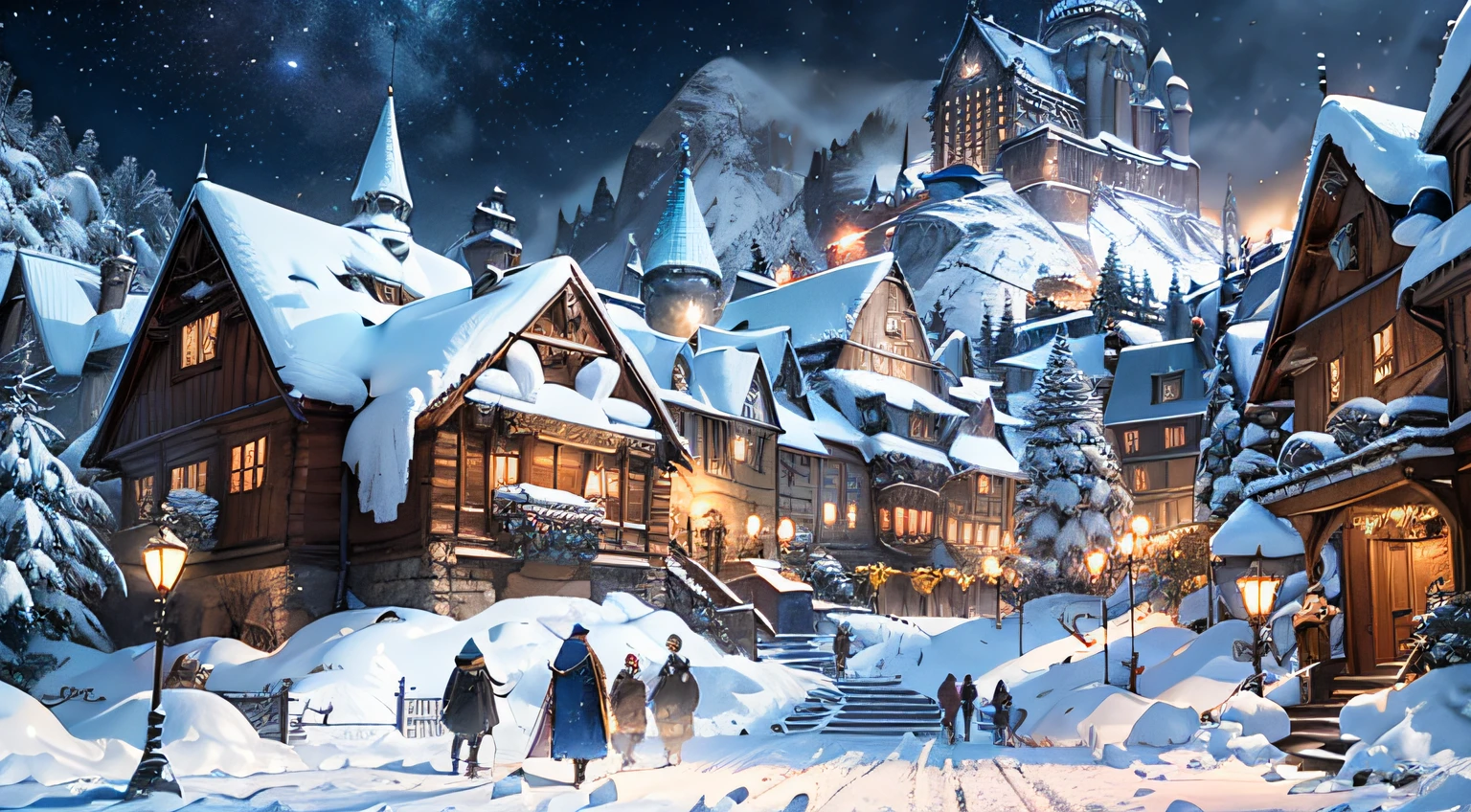((masterpiece)), best quality, high quality, ((extremely detailed CG unity 8k wallpaper)),(fantasy), city square full of crowd, winter season, snowy environment, magic movie style, harry potter movie style 3D Digital Paintings, award winning photography, Bokeh, Depth of Field, HDR, bloom, Chromatic Aberration ,Photorealistic, extremely detailed, trending on artstation, trending on CG society, Intricate, High Detail, dramatic, art by midjourney
