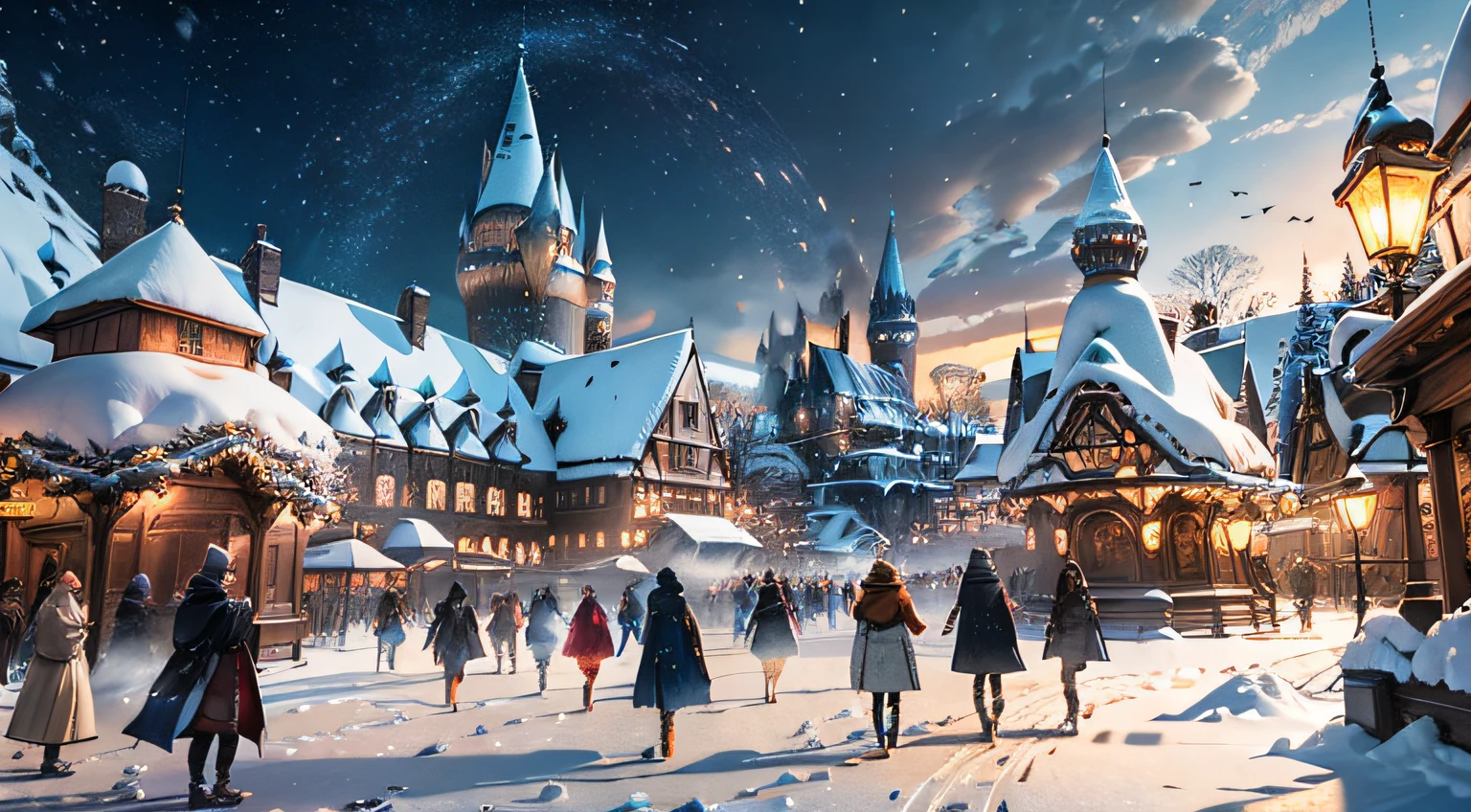 ((masterpiece)), best quality, high quality, ((extremely detailed CG unity 8k wallpaper)),(fantasy), city square full of crowd, winter season, snowy environment, magic movie style, harry potter movie style 3D Digital Paintings, award winning photography, Bokeh, Depth of Field, HDR, bloom, Chromatic Aberration ,Photorealistic, extremely detailed, trending on artstation, trending on CG society, Intricate, High Detail, dramatic, art by midjourney