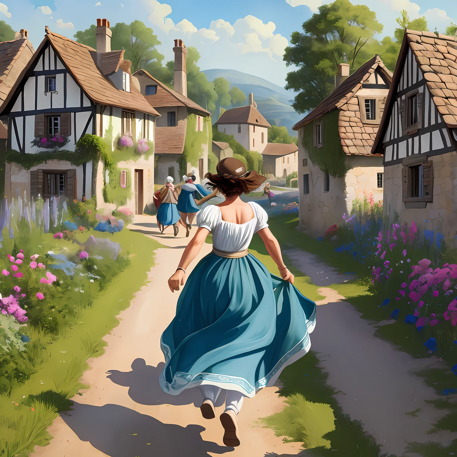 1920 by 1080 In a medieval village a woman running to the crowd of people of the village Medieval houses, in a field, with vegetable gardens, painting style, epoca anti de cristo Image in landscape, crowd of people in circle --auto --s2