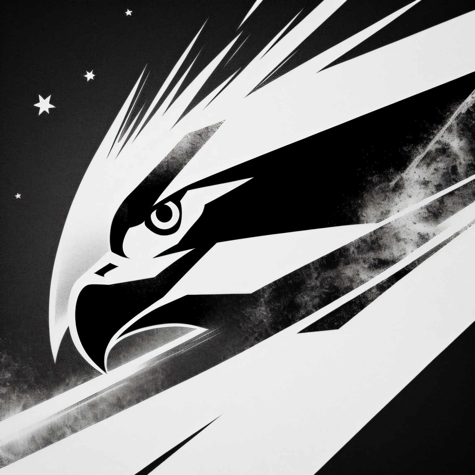 logo of an eagle, close-up in angry bright eye, looking at meteor falling from the sky, minimalist, crisp, low poly, detailed, monochrome, evangelion style, modern minimalist monochrome nfl style