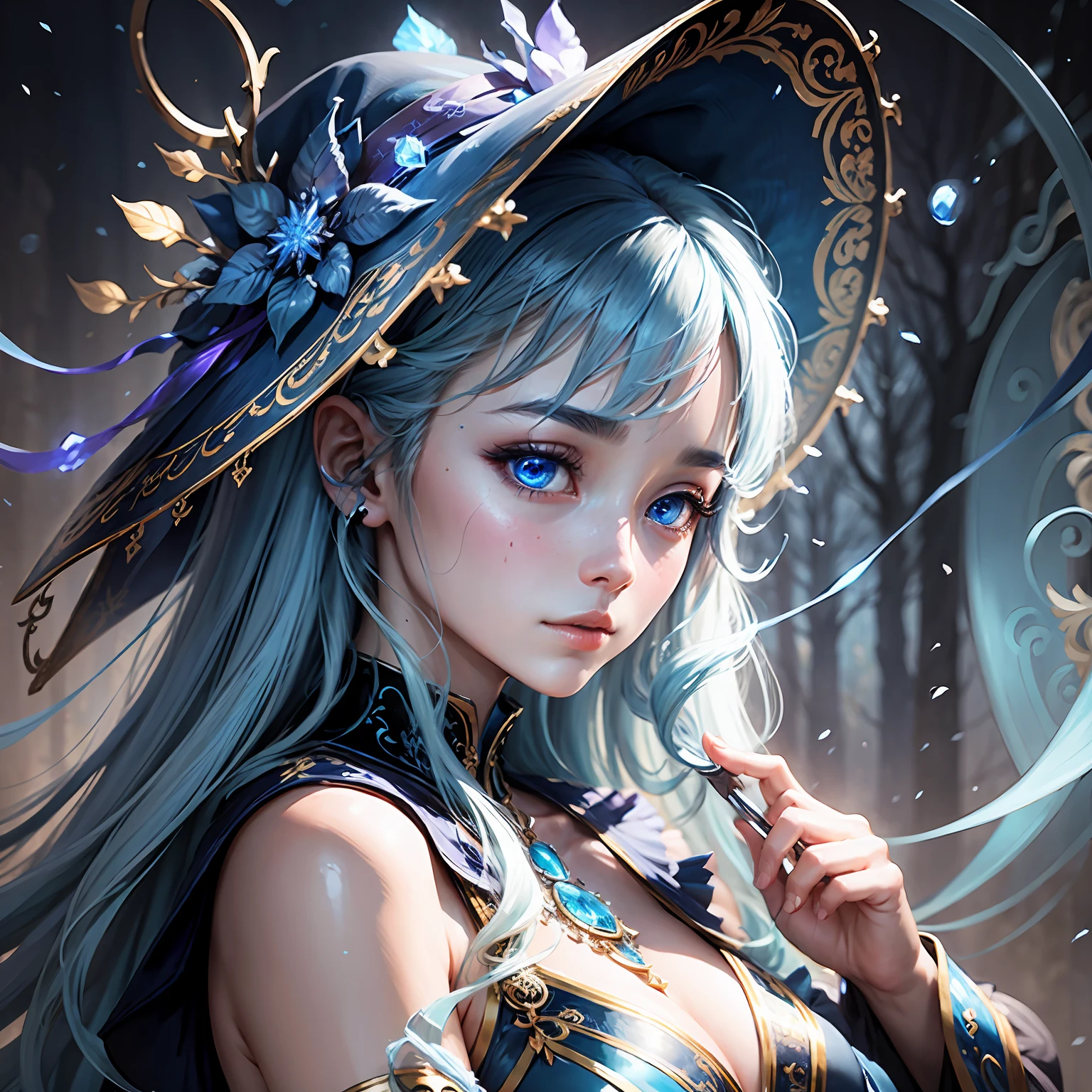 (en) "A mesmerizing magical portrait with a mystical atmosphere. Deep blue magical eyes, glowing softly"[描绘人物特征和氛围] --auto --s2