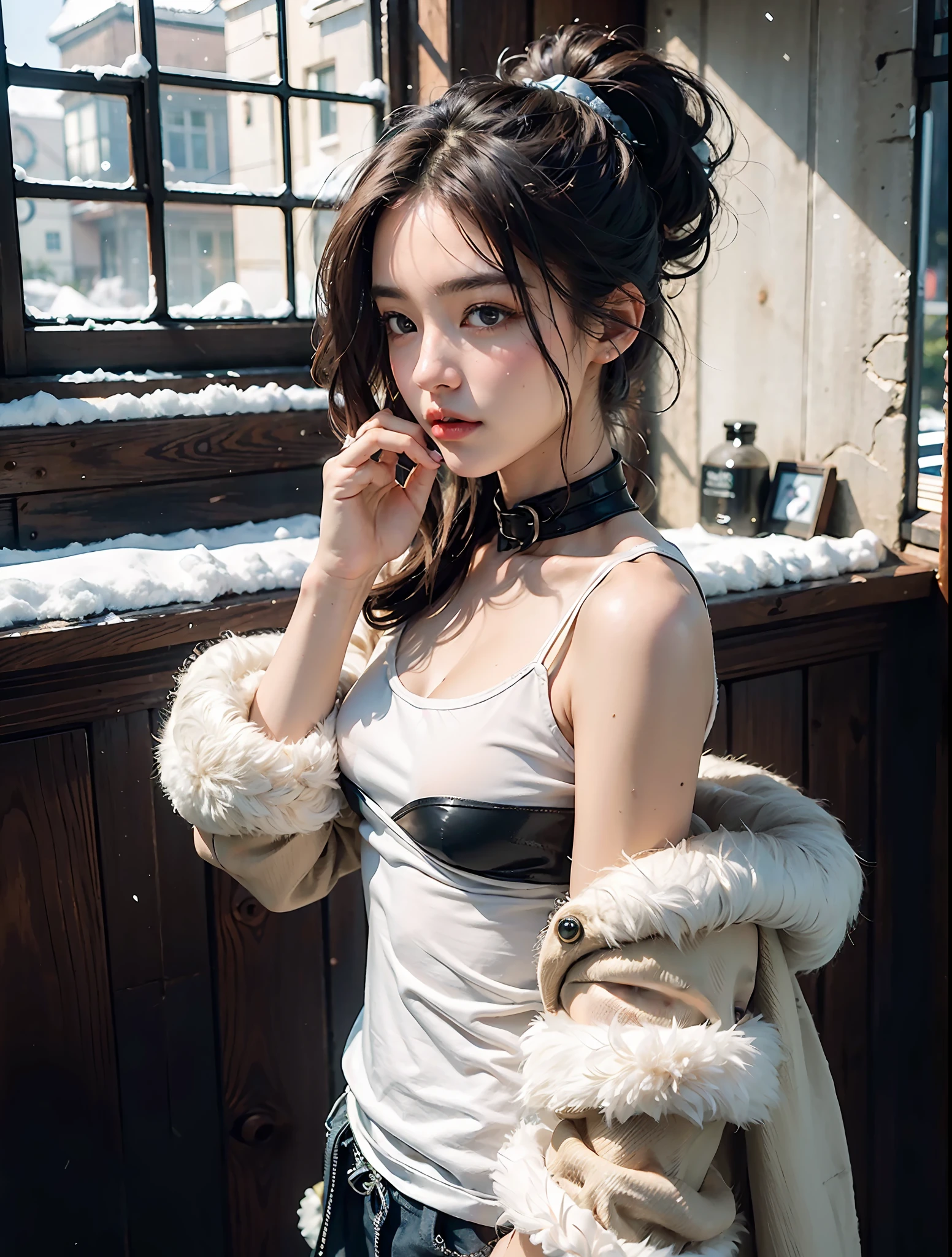 Random posture, mix4,(8k, RAW photo, best quality, masterpiece:1.2), (realistic, photo-realistic:1.37), professional lighting, photon mapping, radiosity, physically-based rendering,, gradient black colour hair, ponytail curly hair, handsome, tomboy girl, warm thick coat,top quality picture, high resolution, 1080p, (clear face), (detailed facial description), (detailed hand description), (masterpiece), (exquisite CG), extreme light and shadow, ponytail hair, master's work, rich details, (fine facial features), (highest quality picture), (masterpiece), (detailed eyes),Look ahead with your eyes,Fine collarbone, warm cozy thick coat, out door, winter, snowy out side, large thigh,full body, boy style,(big ass), tank top shirt and short,(((flat breast))),(small breast), full body covered with thick coat