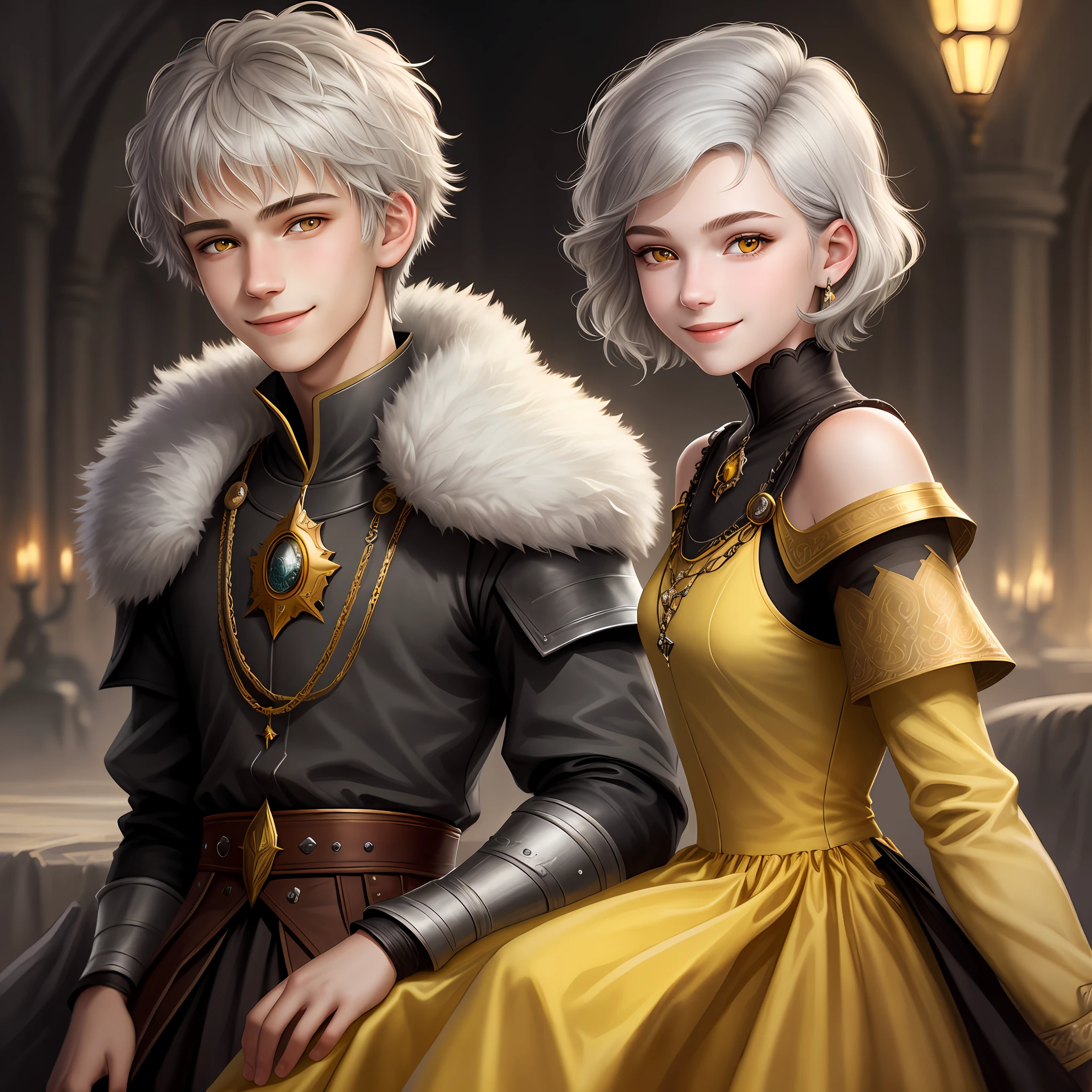 High definition, portrait, young guy, 18 years old, light gray hair, short haircut, yellow eyes, smiling, crown, young woman dark hair, realism, fantasy