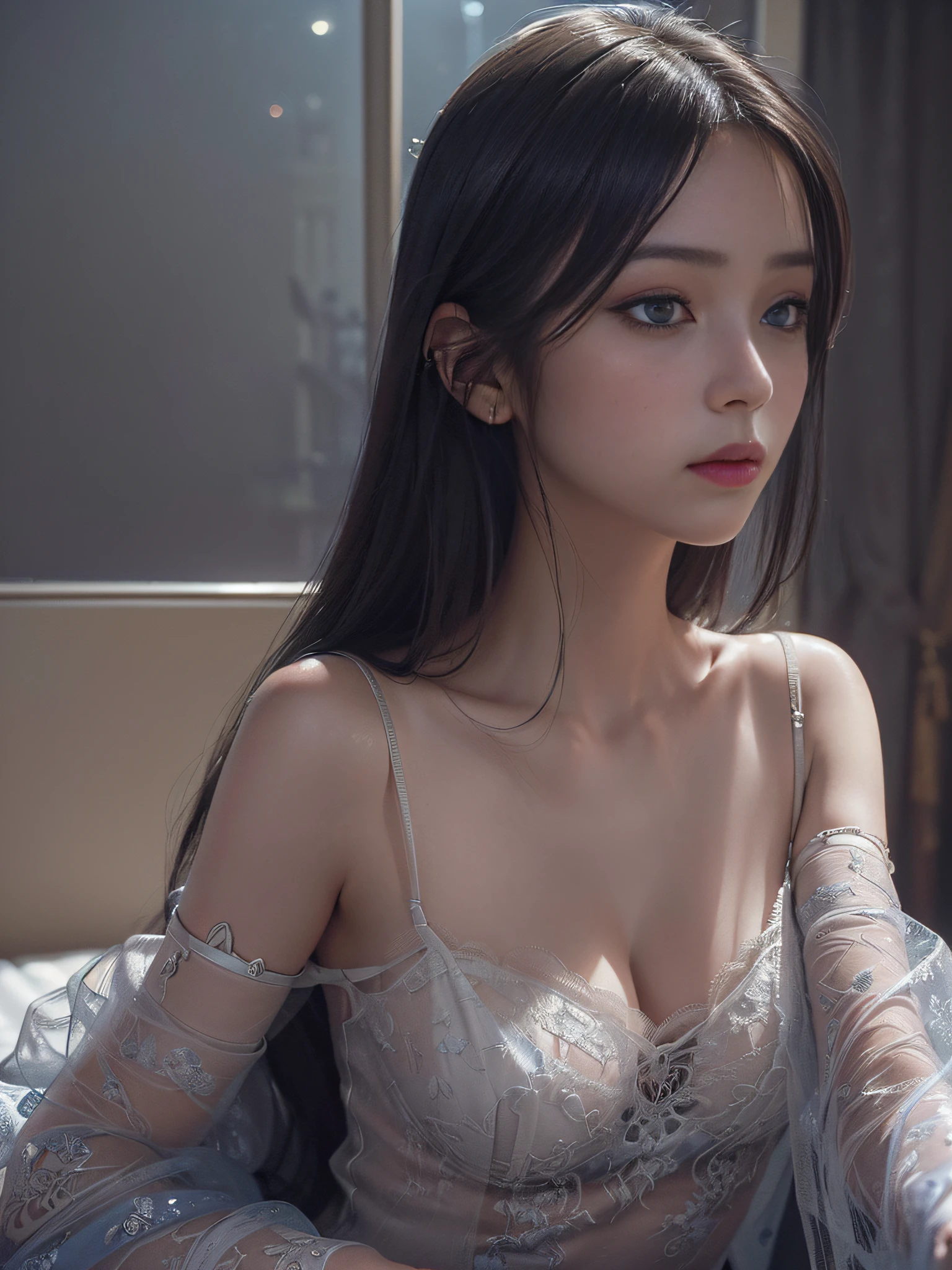 Prostitute, (seductive, enchanting, alluring), hotel window at night(raw photo ,photorealistic:1.5)(beautiful detailed girl, extremely detailed eyes and face:1.2)(best quality ,masterpiece, illustration, an extremely delicate and beautiful, extremely detailed ,CG ,unity ,8k wallpaper, Amazing, finely detail, best quality,official art:1.3)