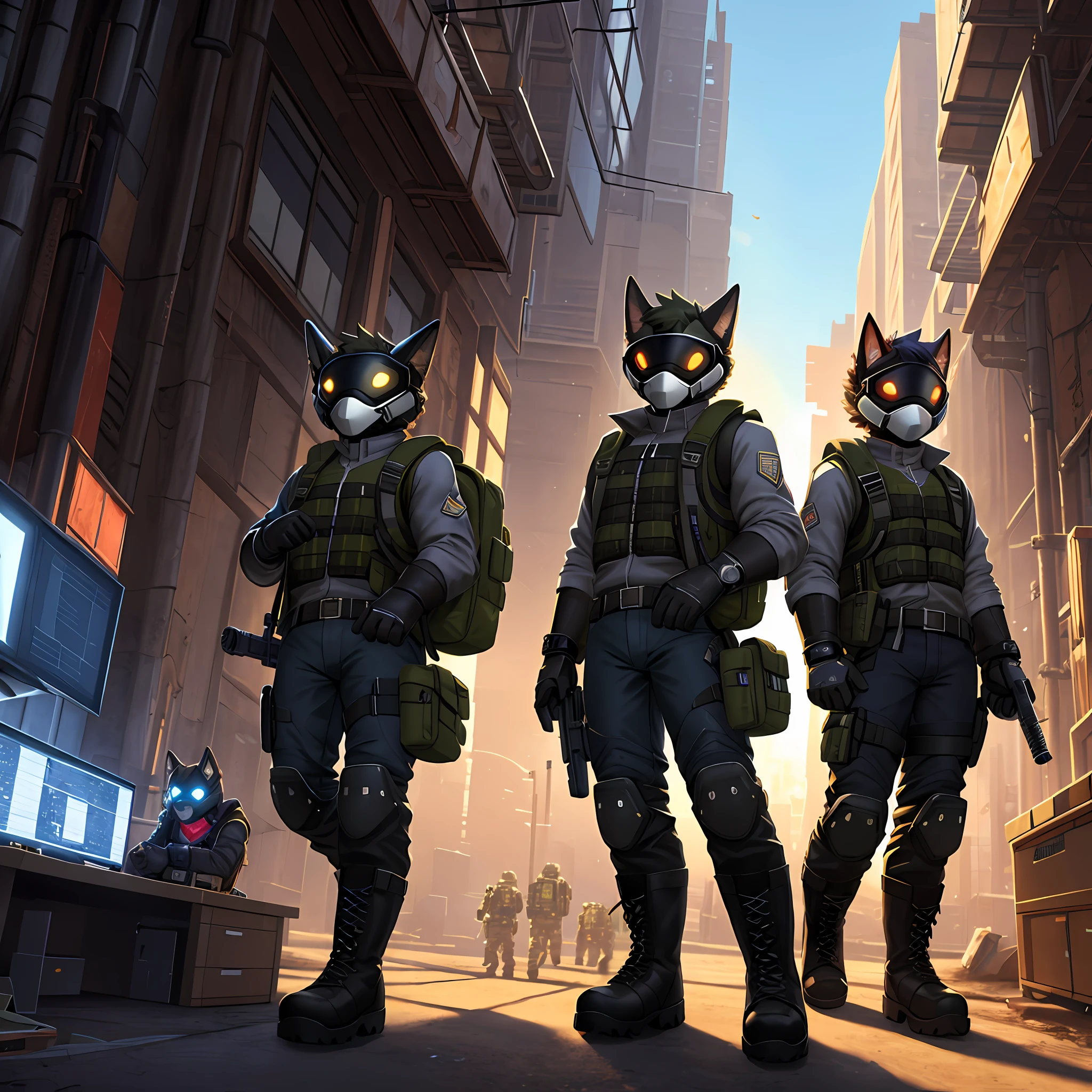 ((high quality)), ((masterpiece)), 8k, 2girls, bulletproof vest, rays of light, extremely detailed CG unity 8k wallpaper, game cg, looking at viewer, gloves, boots, full body, watch, computer, mask, no Man-machines, hand-held weapons, headsets, jackets, bags, backpacks,