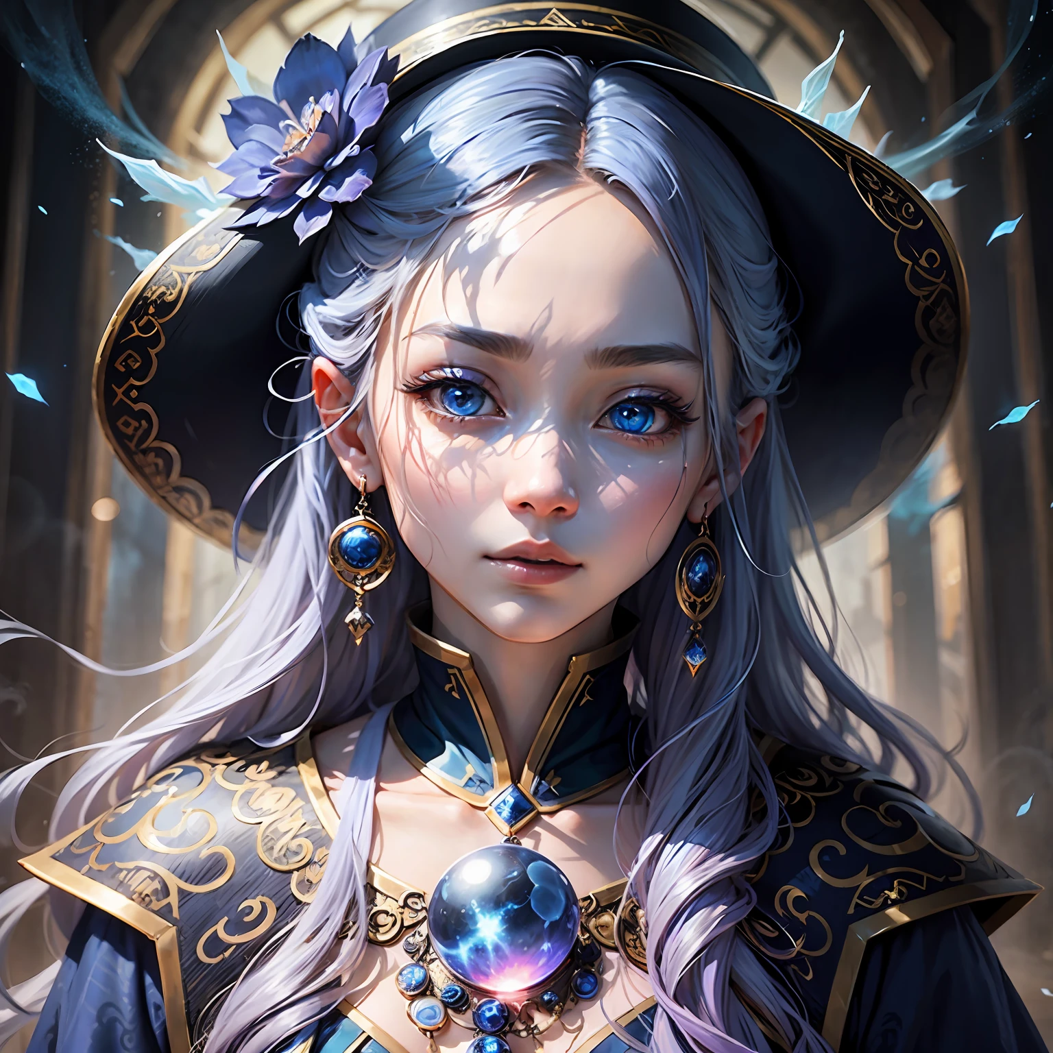 (en) "A mesmerizing magical portrait with a mystical atmosphere. Deep blue fiery magical eyes, glowing softly"[描绘人物特征和氛围] --auto --s2