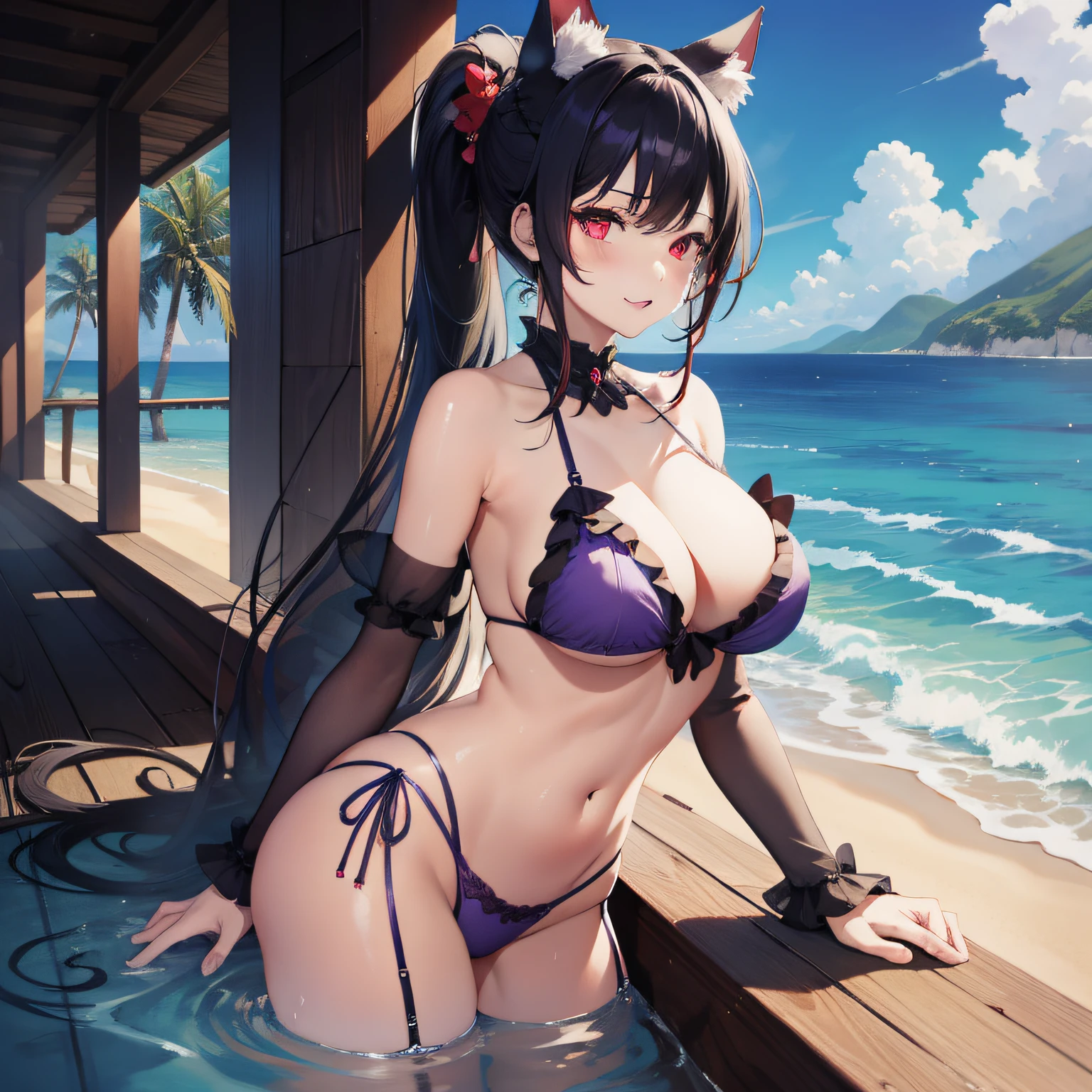 masterpiece, high resolution, high quality, sea, day, purple bikini, big breasts, cat ears, floral, red eyes, NSFW, black hair, ponytail