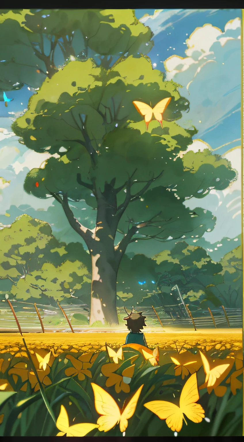 Romanticism, anime, anime style, cinematic lighting, 8k, super detail, ccurate, best quality, UHD, masterpiece, mango poster design, poster, mango, rice field, stream, nature, 1 boy catching butterflies, hayao miyazaki manga style, summer, healing