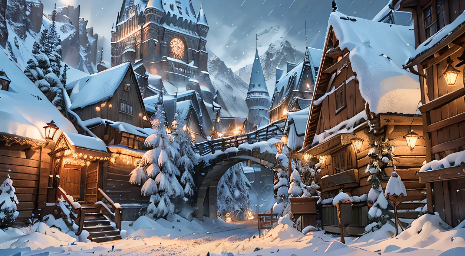 ((masterpiece)), best quality, high quality, ((extremely detailed CG unity 8k wallpaper)),(fantasy), traditional market full of crowd, winter season, snowy environment, magic movie style, harry potter movie style, 3D Digital Paintings, award winning photography, Bokeh, dynamic lighting, Depth of Field, HDR, bloom, Chromatic Aberration ,Photorealistic, extremely detailed, trending on artstation, trending on CG society, Intricate, High Detail, dramatic, art by midjourney
