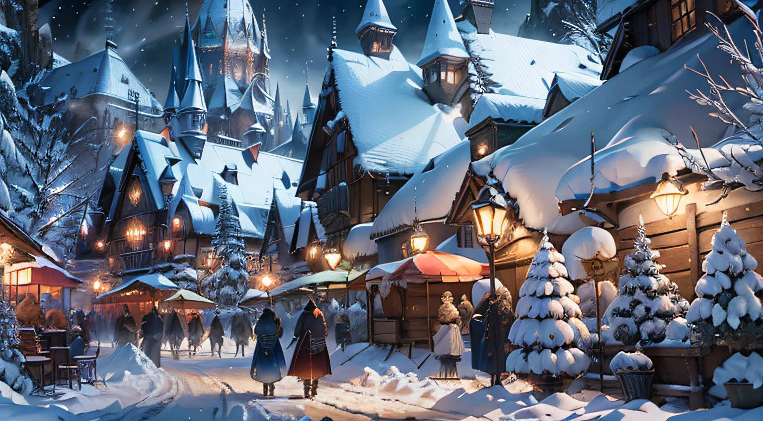 ((masterpiece)), best quality, high quality, ((extremely detailed CG unity 8k wallpaper)),(fantasy), traditional market full of crowd, winter season, snowy environment, magic movie style, harry potter movie style, 3D Digital Paintings, award winning photography, Bokeh, dynamic lighting,  Depth of Field, HDR, bloom, Chromatic Aberration ,Photorealistic, extremely detailed, trending on artstation, trending on CG society, Intricate, High Detail, dramatic, art by midjourney