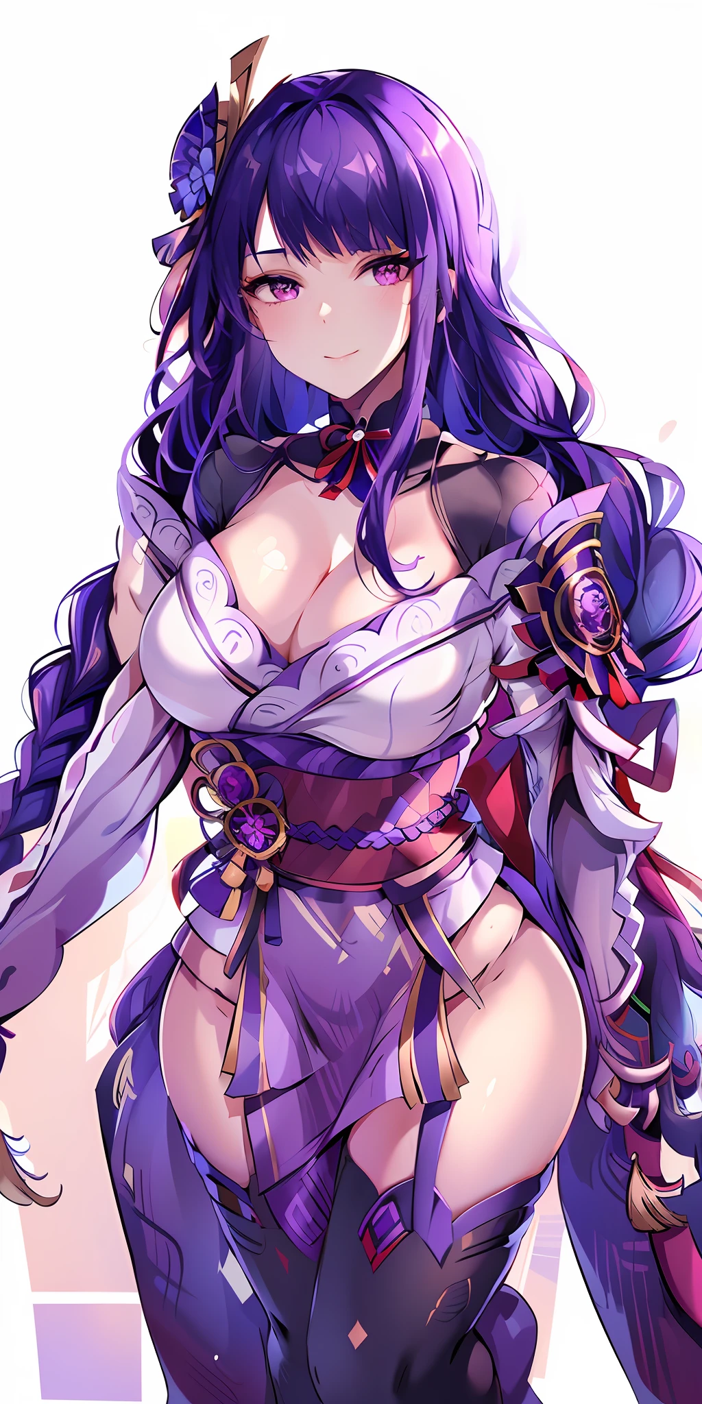 1girl, flat bangs, braids, wide sleeves, hair accessories, kimono, red belt, (purple hair:1.2), very long hair, straight hair, looking at the audience, plain white background, (realism: 1.2), detailed eyes, red eye shadow, depth of field, symmetrical eyes, cleavage, dancing, (masterpiece, top quality, best quality, official art, beauty and aesthetics: 1.2), (1 girl), extreme detail, (fractal art: 1.5), highest detail, [blue feathers|purple feathers] hair, Very long hair, (scattered), (flowing hair: 1.5), hair background, bare shoulders, (collarbone: 0.9), smile, big breasts, 36d, big breasts, sexy, buttocks, hot, big breasts, cleavage, big tits, detailed, white background