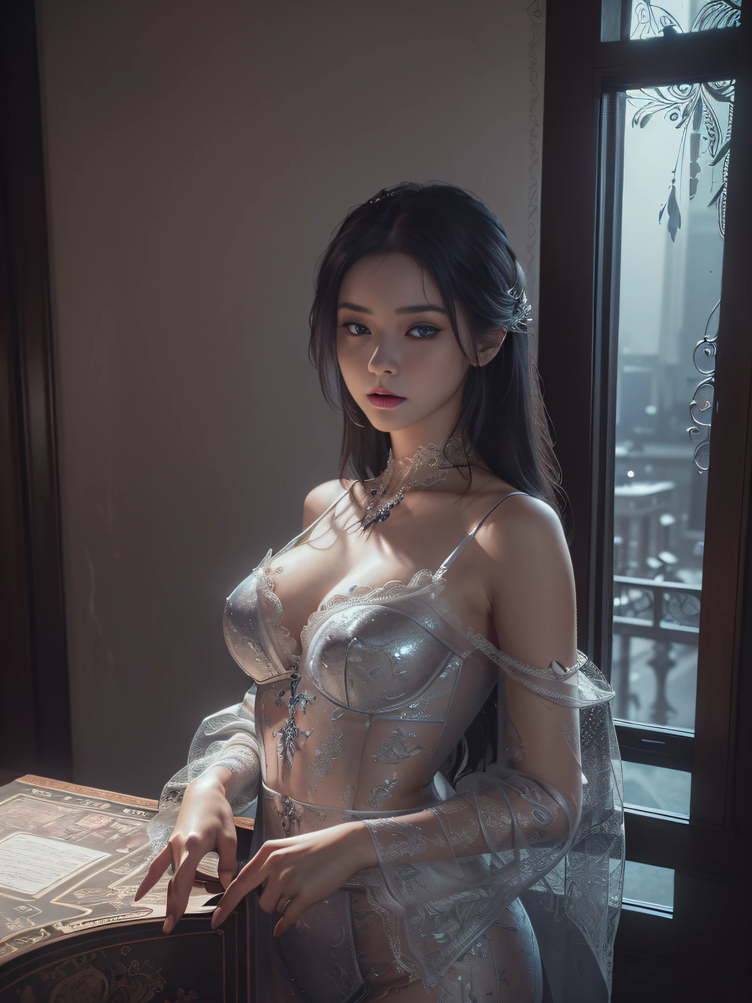 Prostitute, (seductive, enchanting, alluring), hotel window at night(raw photo ,photorealistic:1.5)(beautiful detailed girl, extremely detailed eyes and face:1.2)(best quality ,masterpiece, illustration, an extremely delicate and beautiful, extremely detailed ,CG ,unity ,8k wallpaper, Amazing, finely detail, best quality,official art:1.3)