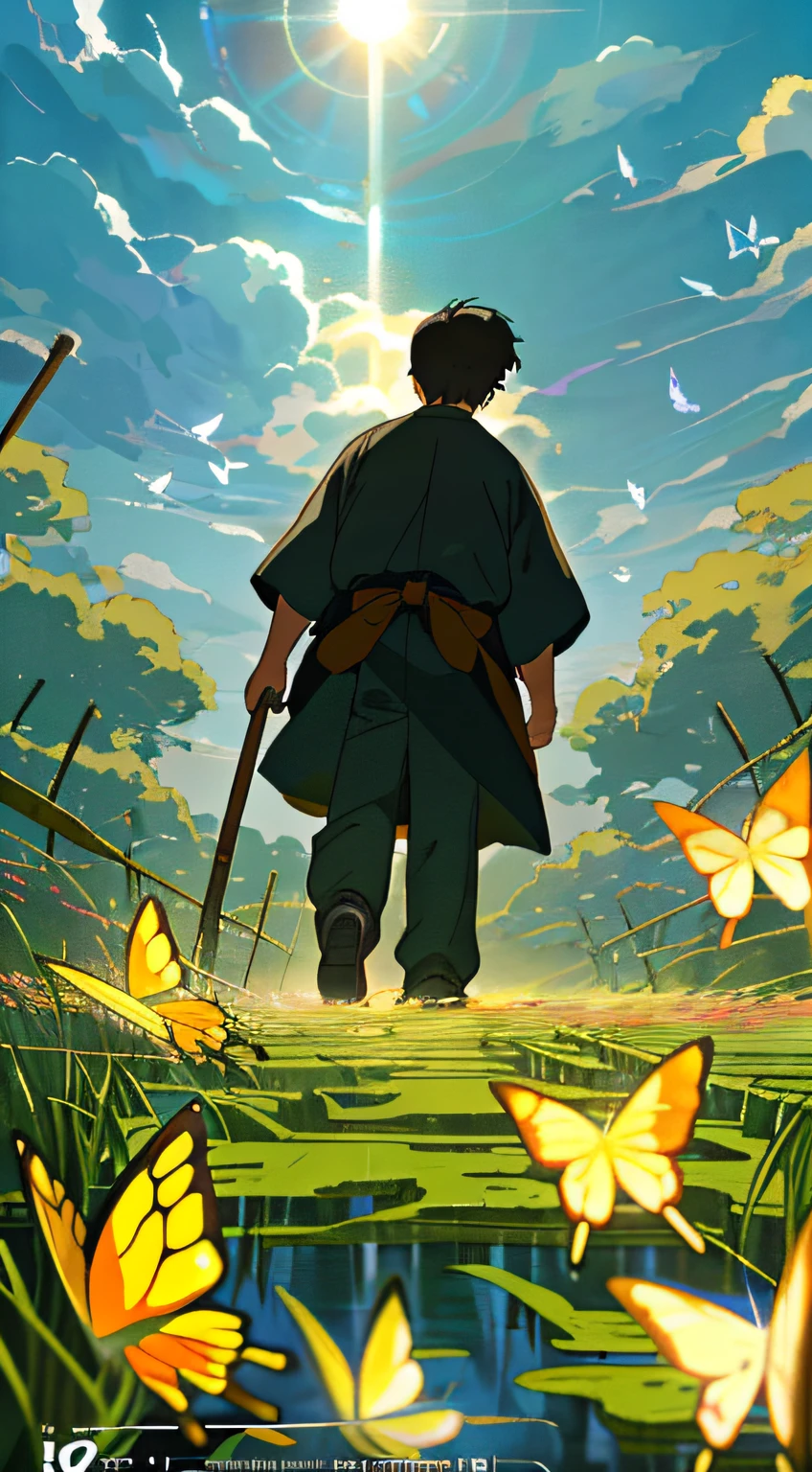 Romanticism, anime, anime style, cinematic lighting, 8k, super detail, ccurate, best quality, UHD, masterpiece, mango poster design, poster, mango, rice field, stream, nature, 1 boy catching butterflies, hayao miyazaki manga style, summer, healing