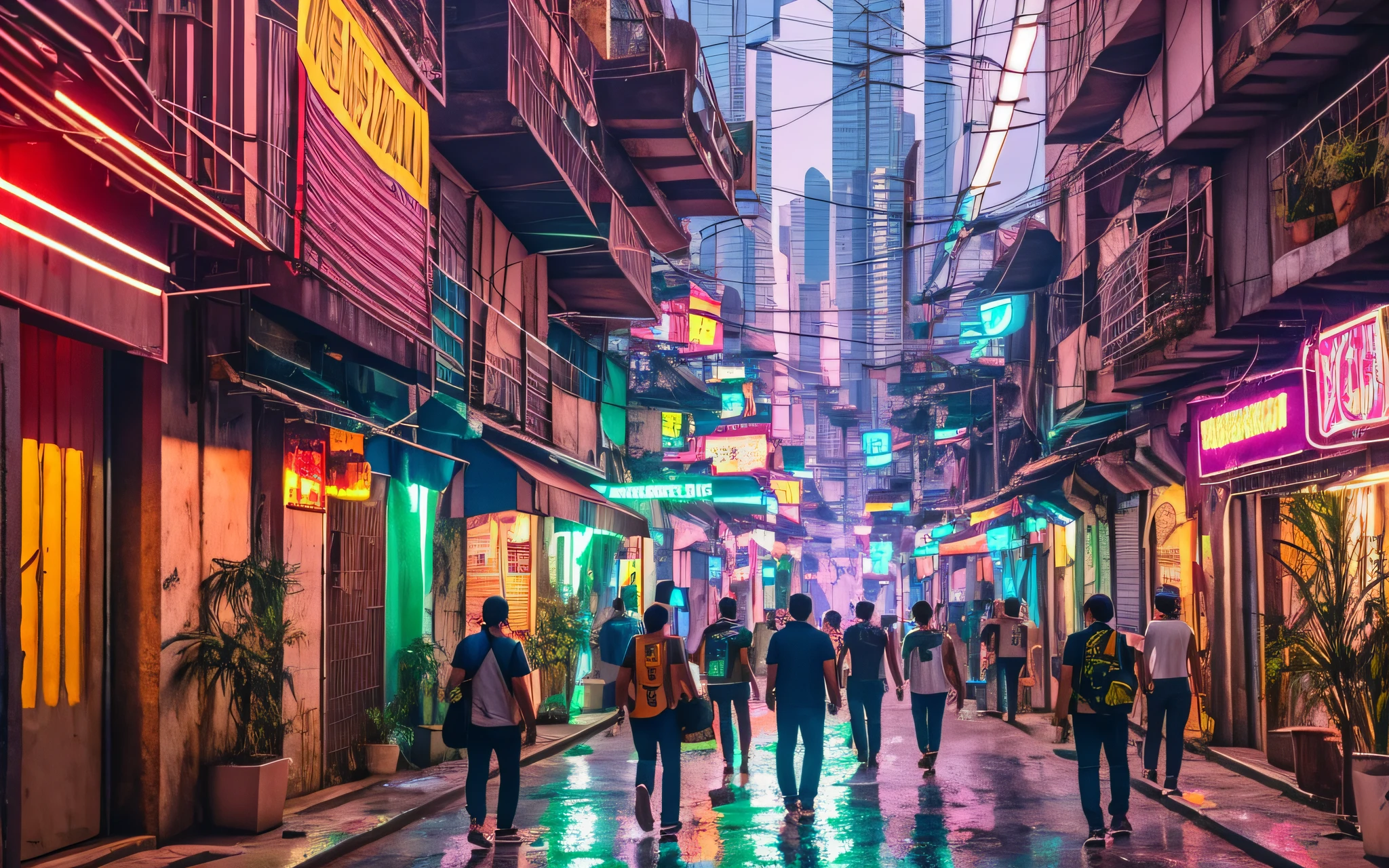 Vision of a cyberpunk Brazilian neighborhood, with several Brazilian buildings, shops, residences, people walking in the streets, some cars passing in the streets, day, lights and neon, photorealistic,