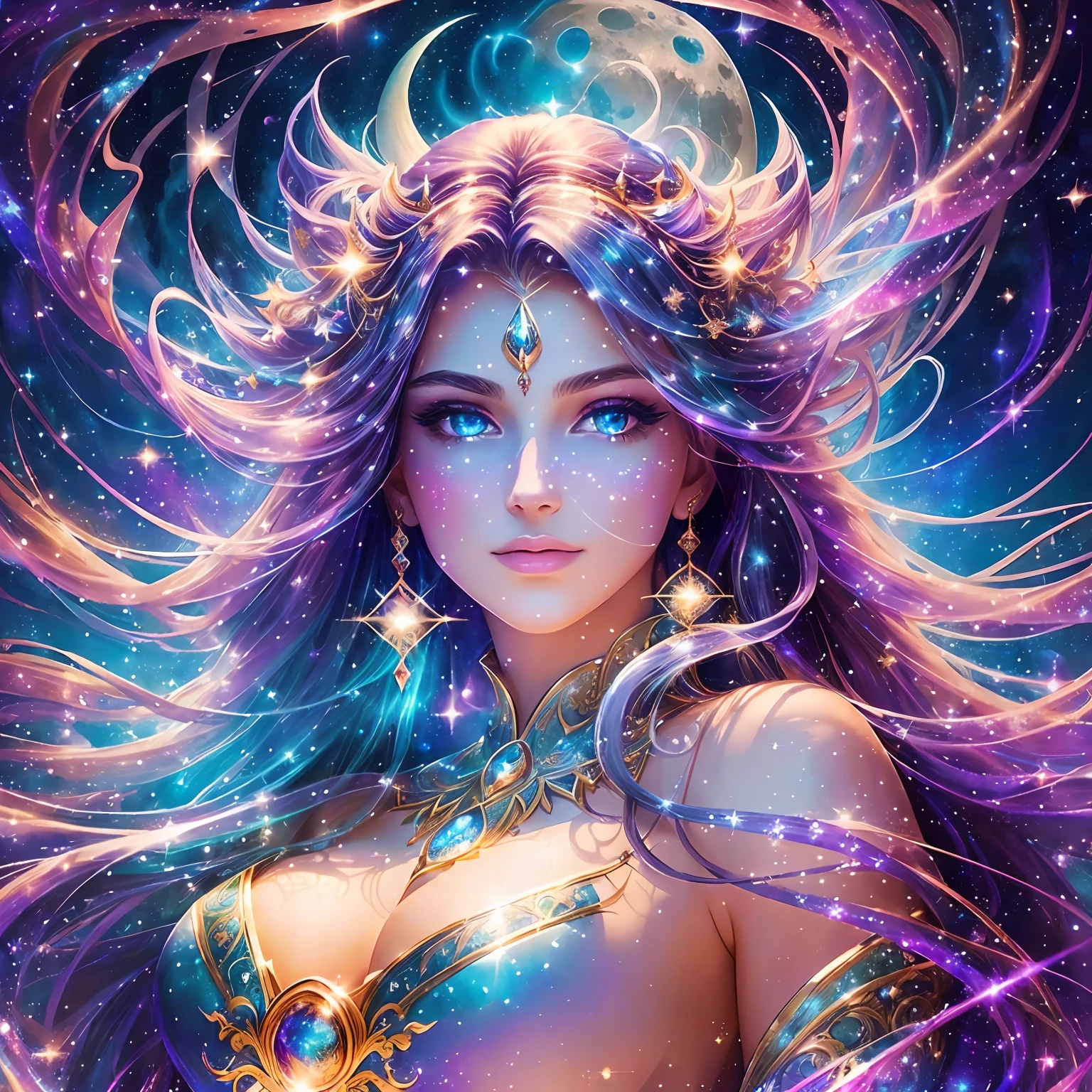 (an enchanting masterpiece), best quality, ultra-detailed,(magical portrait) of a mystical and powerful figure, glistening eyes, flowing hair, dynamic pose,(floating+hovering), an aura of magic and mystery,(sparkling+glowing), vibrant color scheme, a universe of stars and galaxies, (moon+sky+wispy clouds), backlit by a shimmering light.
