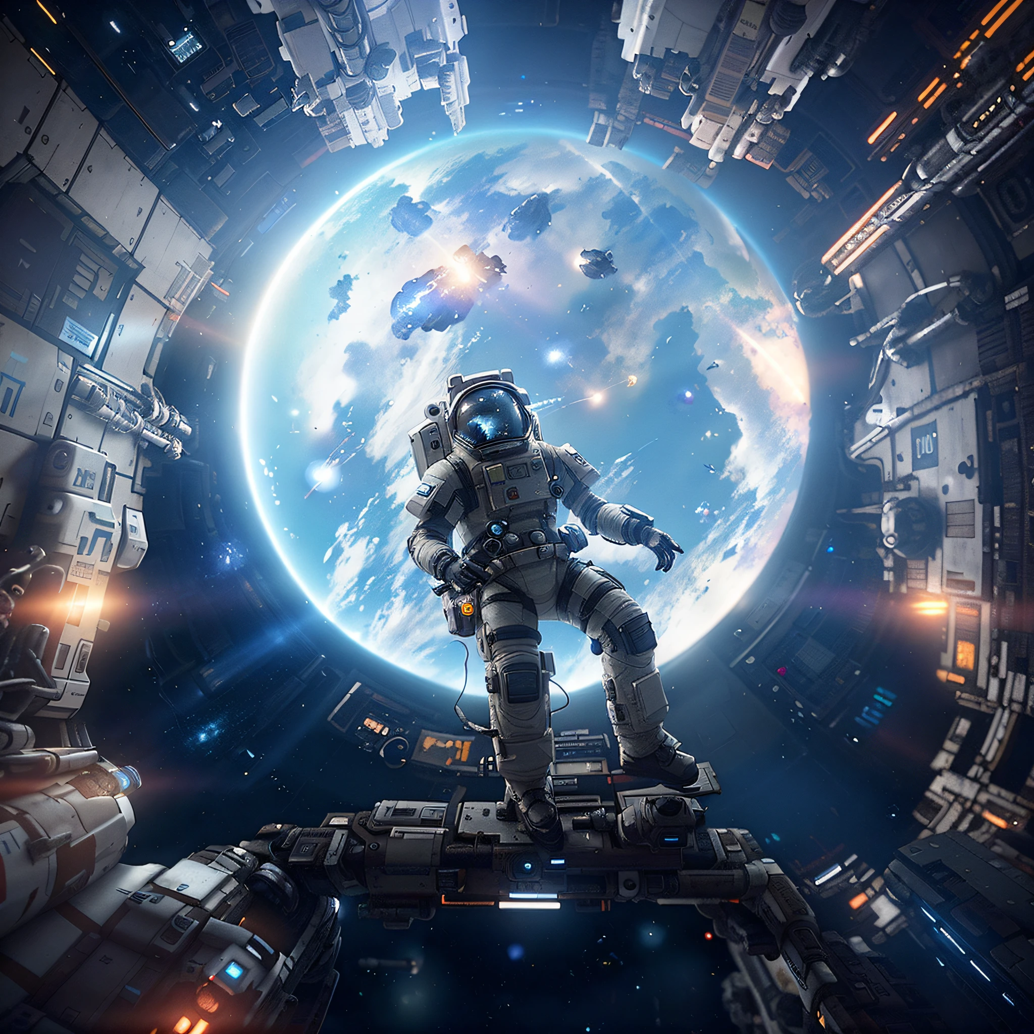a close up of a sci - fiction looking astronaut in a space station, titanfall 2, sci-fi space game art, titanfall 2 game, space walk scene, 3 d render beeple, stunning vfx, an astronaut in space, 8k vfx render, beeple and mike winkelmann, on a crowded space station