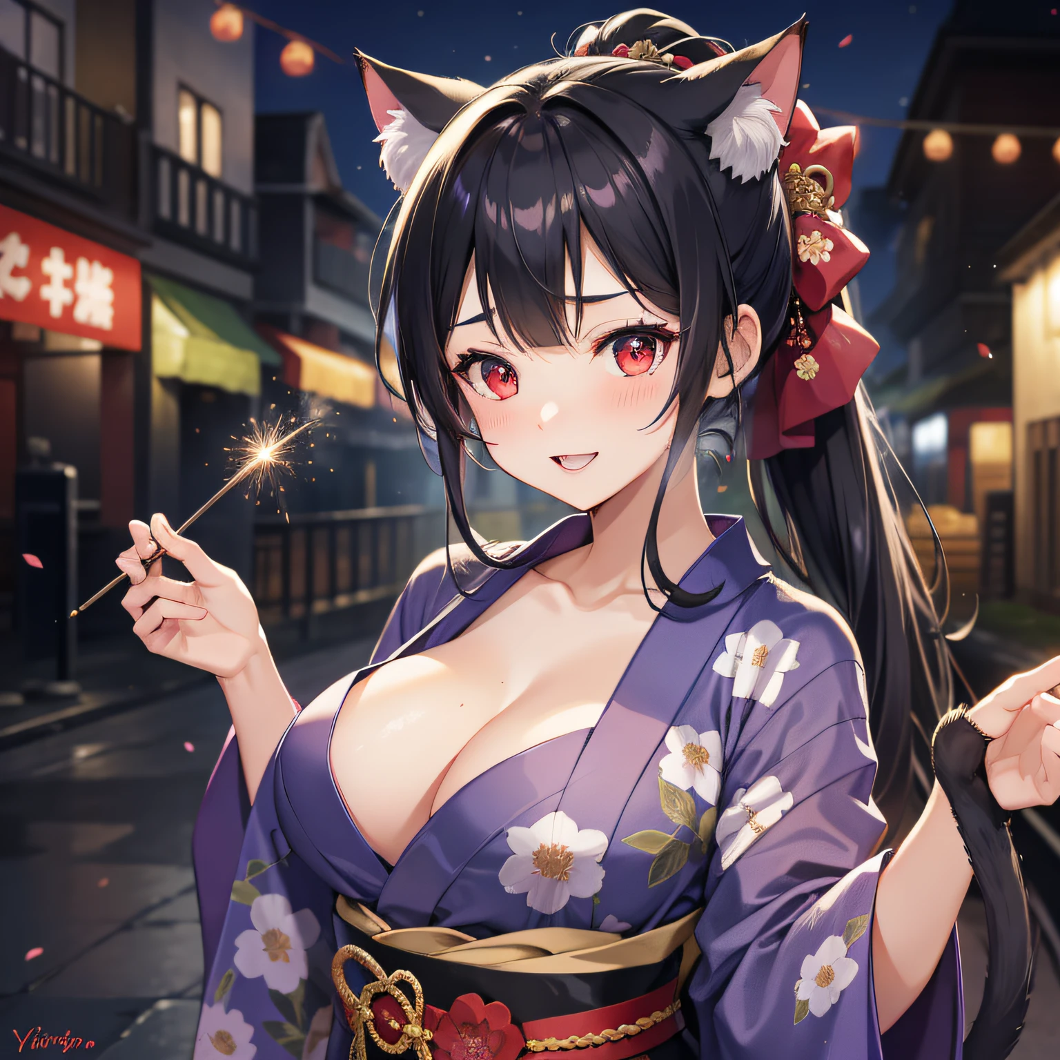 masterpiece, high resolution, high quality, festival, night, fireworks, purple yukata, big breasts, cat ears, floral pattern, red eyes, NSFW, black hair, ponytail