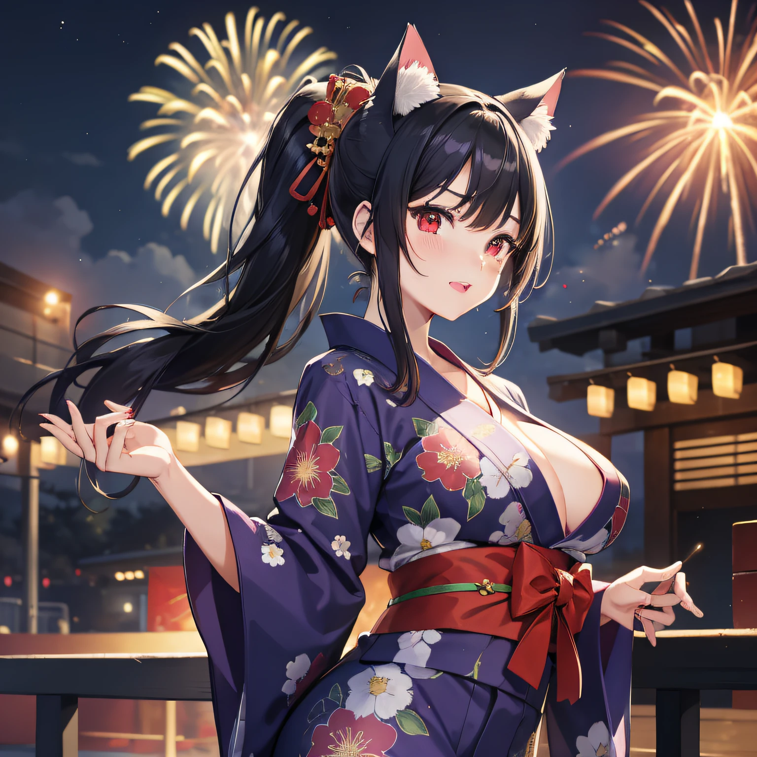 masterpiece, high resolution, high quality, festival, night, fireworks, purple yukata, big breasts, cat ears, floral pattern, red eyes, NSFW, black hair, ponytail
