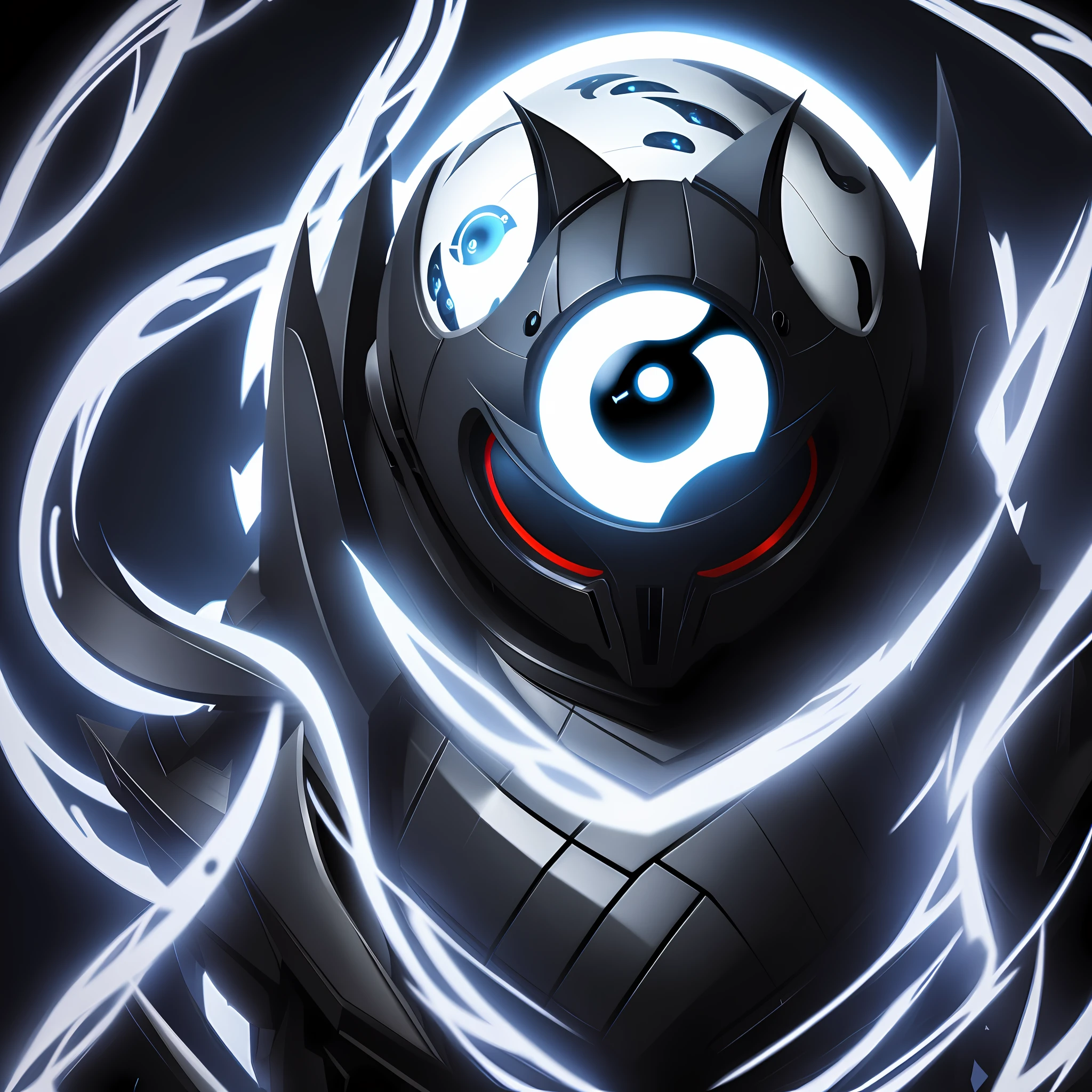 Robotic venom with eyes on ying yang theme, sinister background blue flames, mood of supense,horror, dark, 4k resolution,