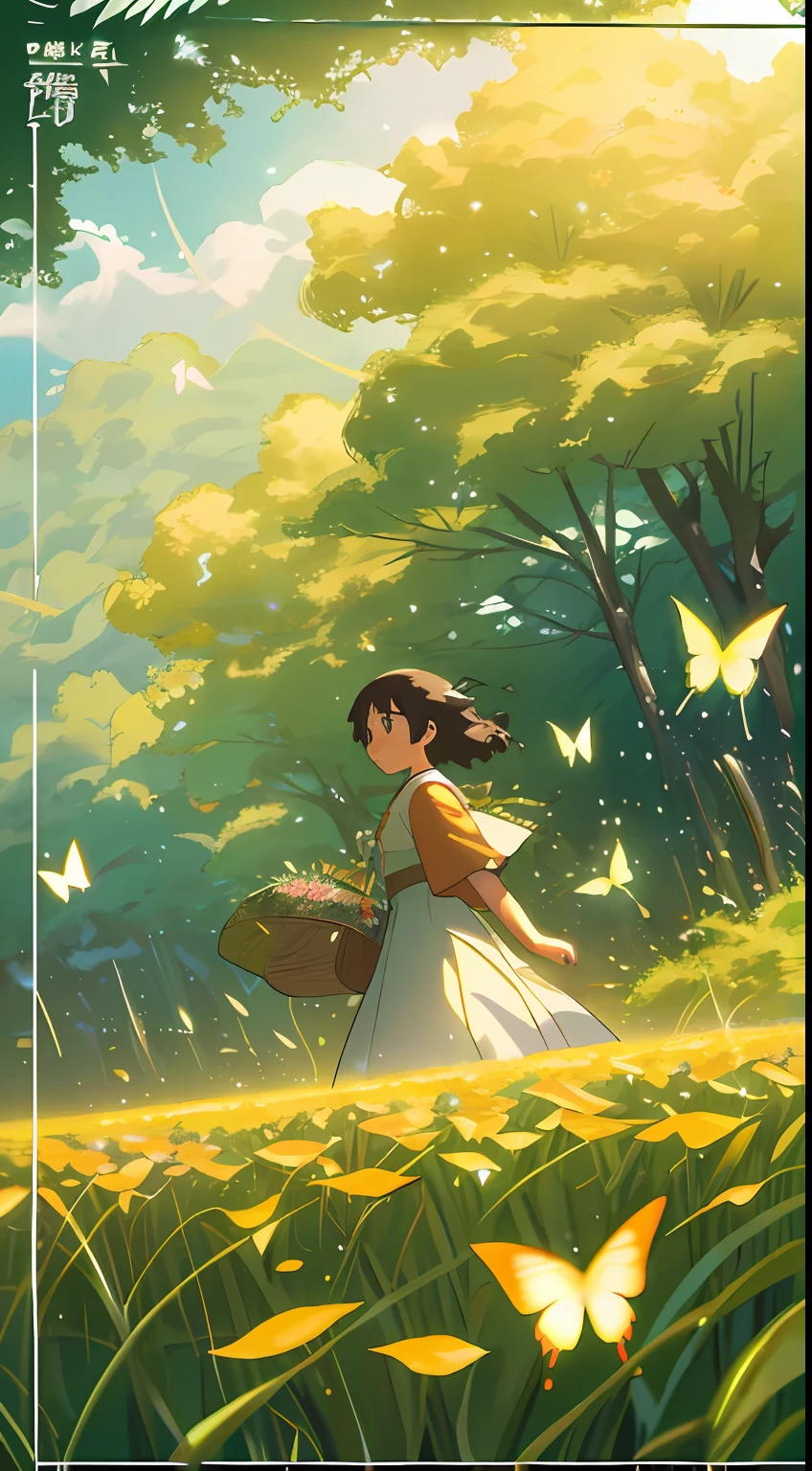 Romanticism, anime, anime style, cinematic lighting, 8k, super detail, ccurate, best quality, UHD, masterpiece, mango poster design, poster, mangseed, rice field, stream, nature, 1 girl catching butterflies, hayao miyazaki manga style, summer, heal