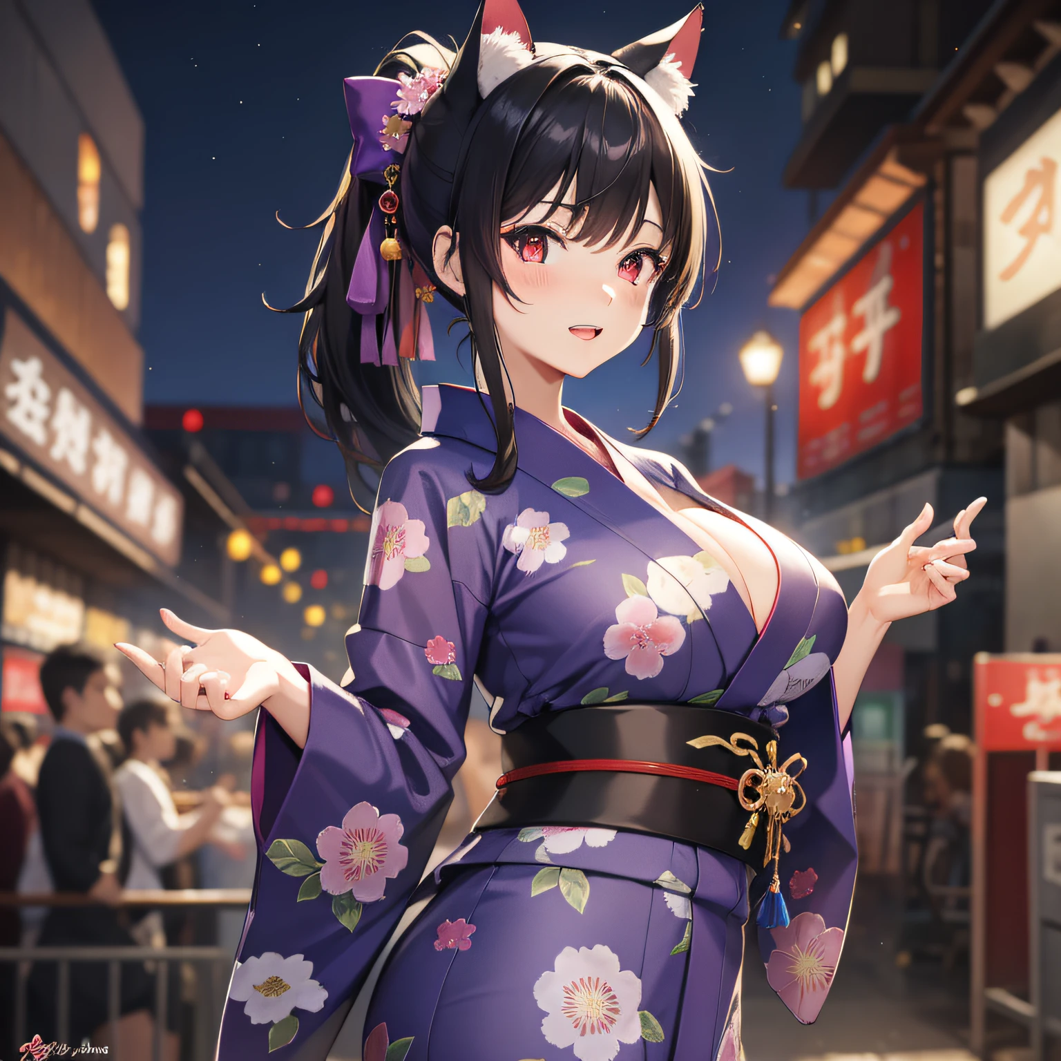 masterpiece, high resolution, high quality, festival, night, fireworks, purple yukata, big breasts, cat ears, floral pattern, red eyes, NSFW, black hair, ponytail