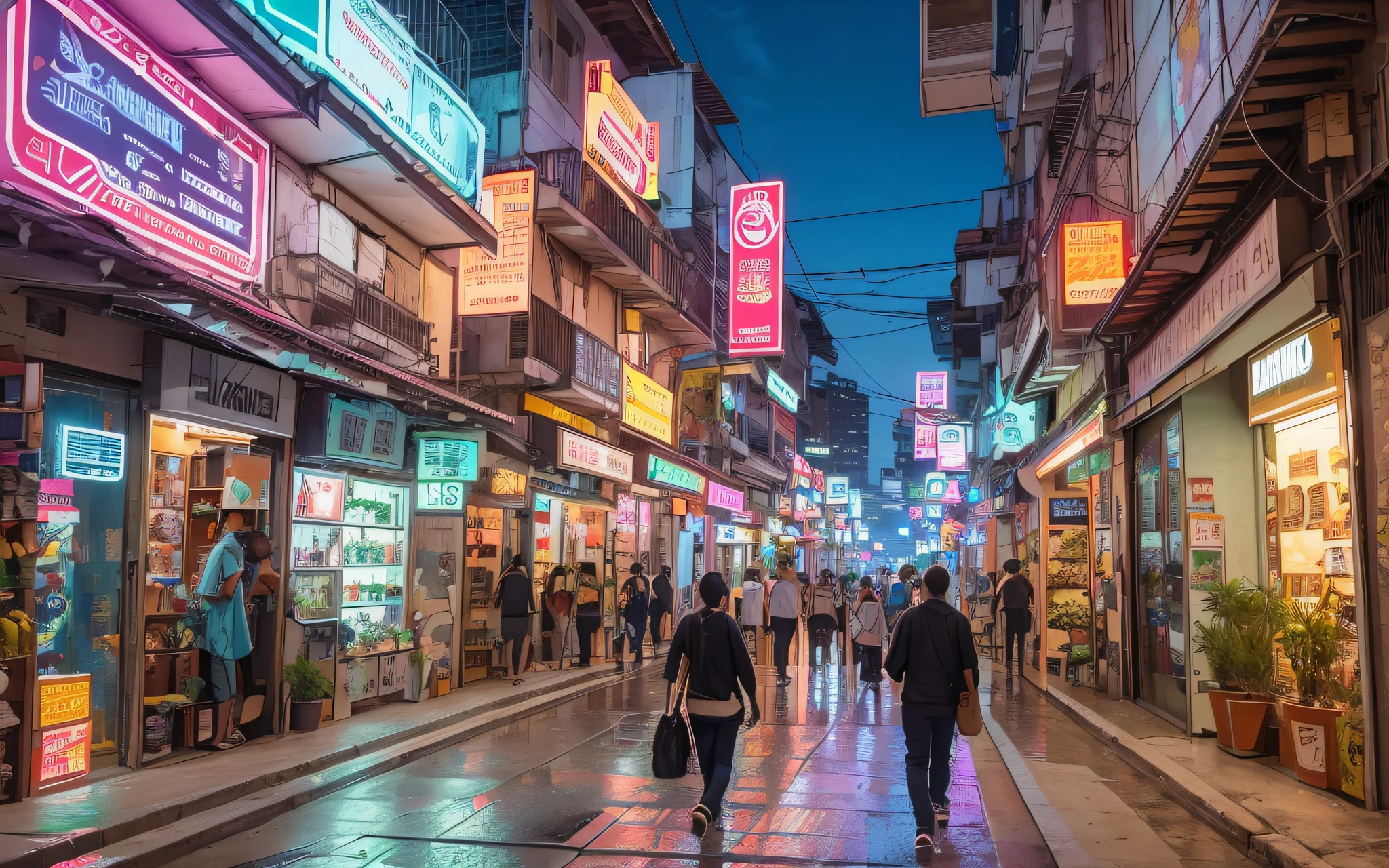 Vision of a cyberpunk Brazilian neighborhood, with several Brazilian buildings, shops, residences, people walking in the streets, some cars passing in the streets, day, lights and neon, photorealistic,