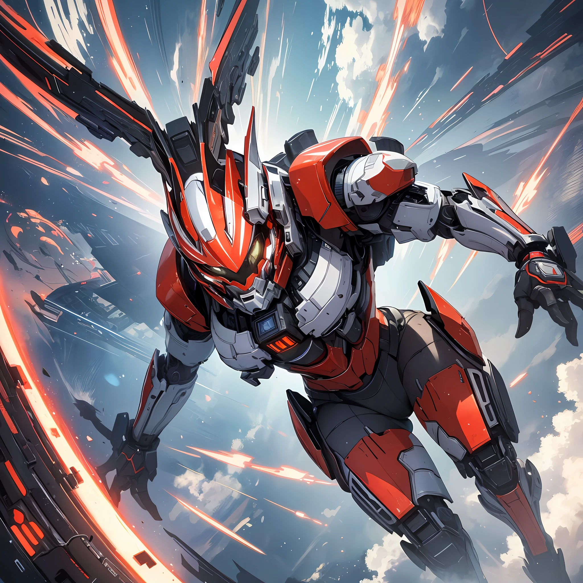 Absurd resolution, high resolution, (masterpiece: 1.4), hyper-detail, a mech, red armor, floating flight in space (1.8) facing Earth