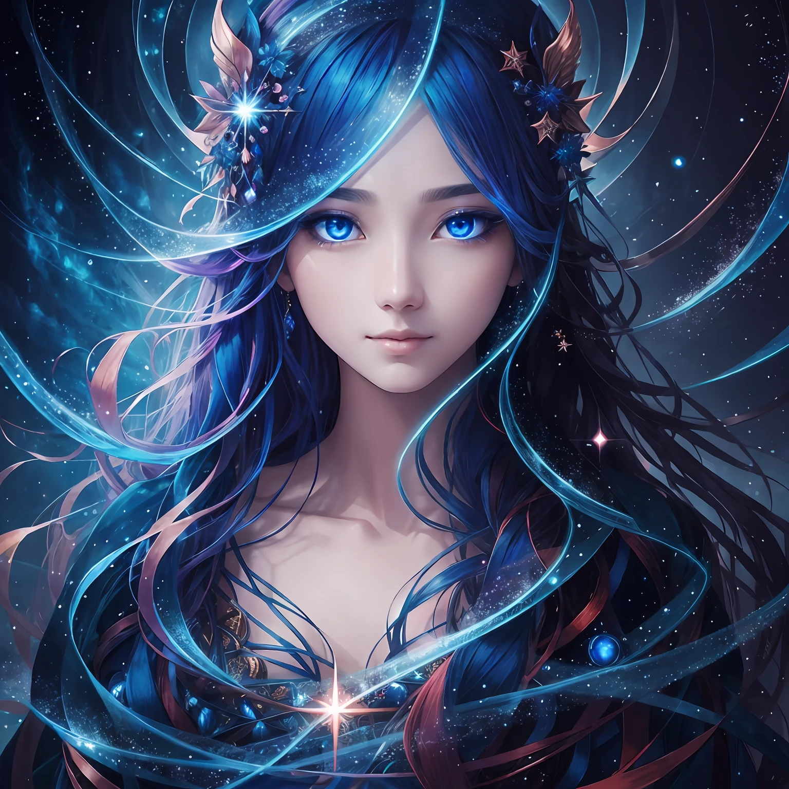 (en) "A mesmerizing magical portrait with a mystical atmosphere. Deep blue fiery magical eyes, glowing softly"[描绘人物特征和氛围]