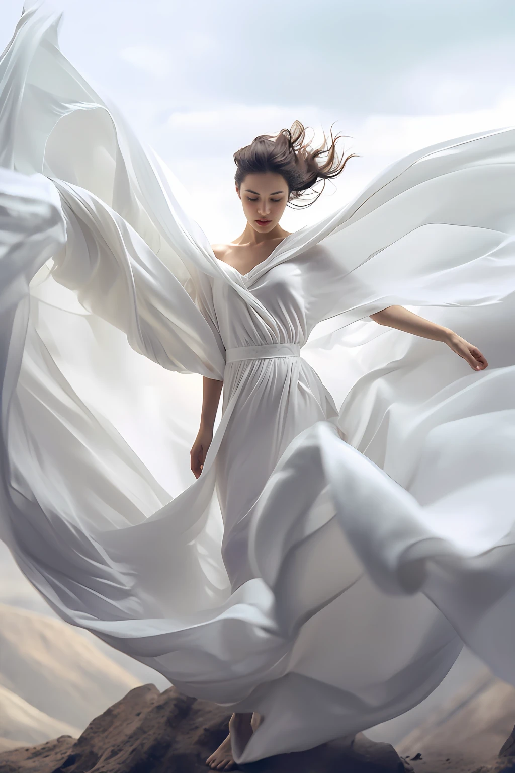 A woman in a white dress is flying through the air - SeaArt AI