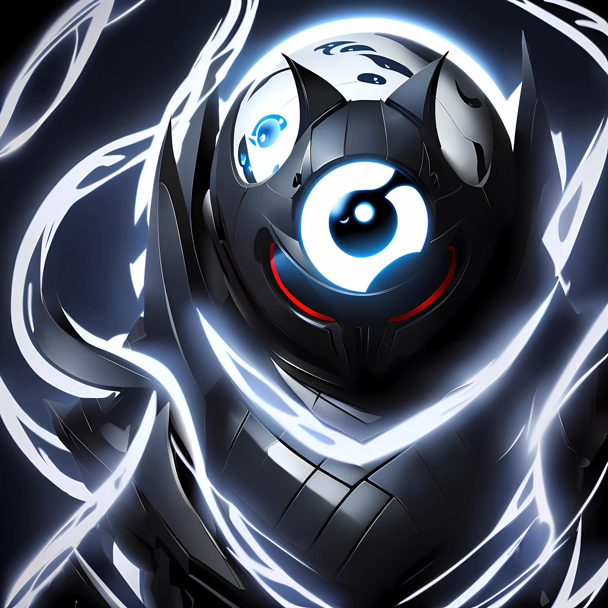 Robotic venom with eyes on ying yang theme, sinister background blue flames, mood of supense,horror, dark, 4k resolution,