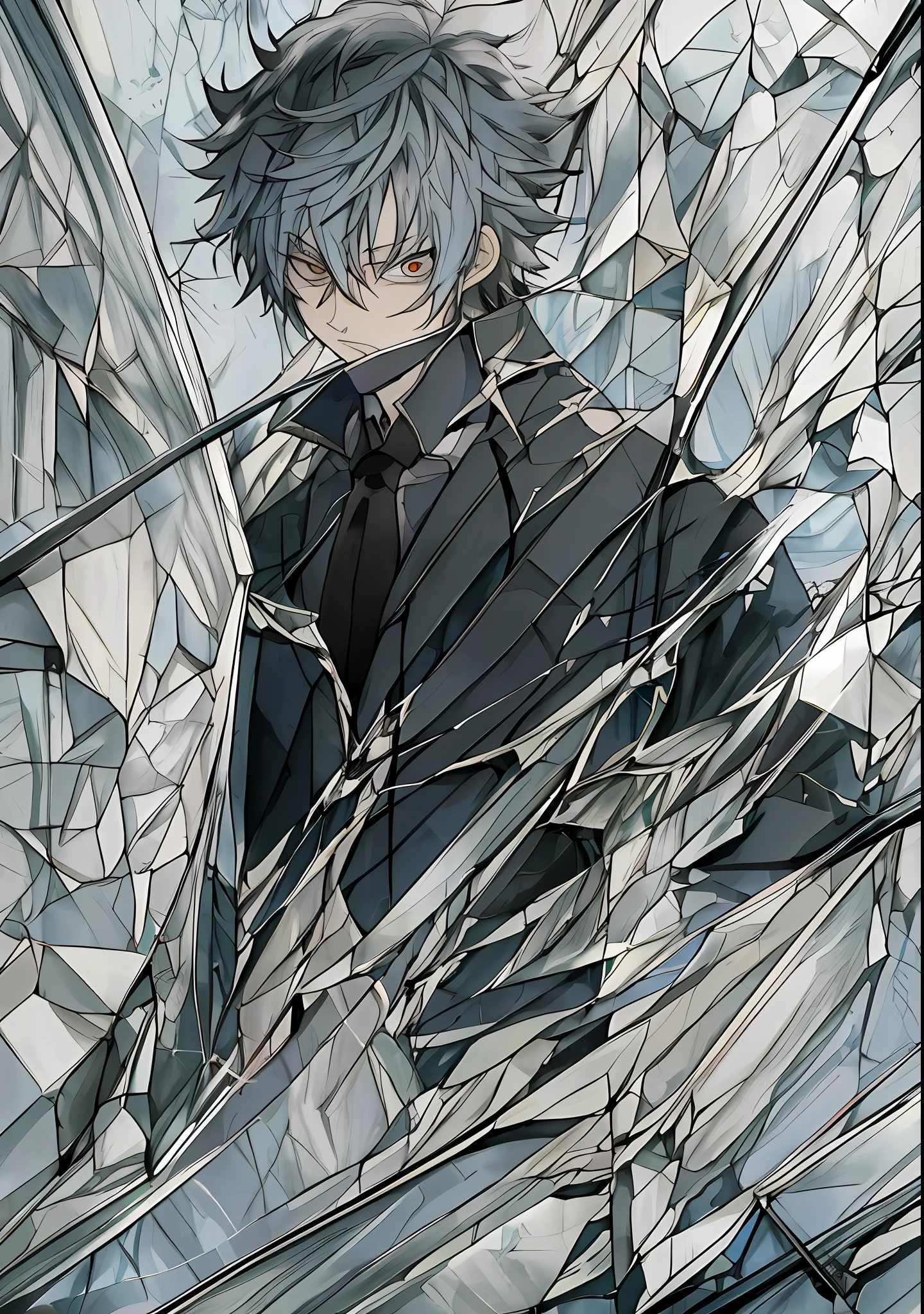 anime guy with white hair and black shirt standing in front of a broken glass wall, tall anime guy with white eyes, inspired by Okumura Masanobu, inspired by Okumura Togyu, handsome anime pose, anime handsome man, okata kazuto, male anime character, male anime style, young anime man, as an anime character, anime boy