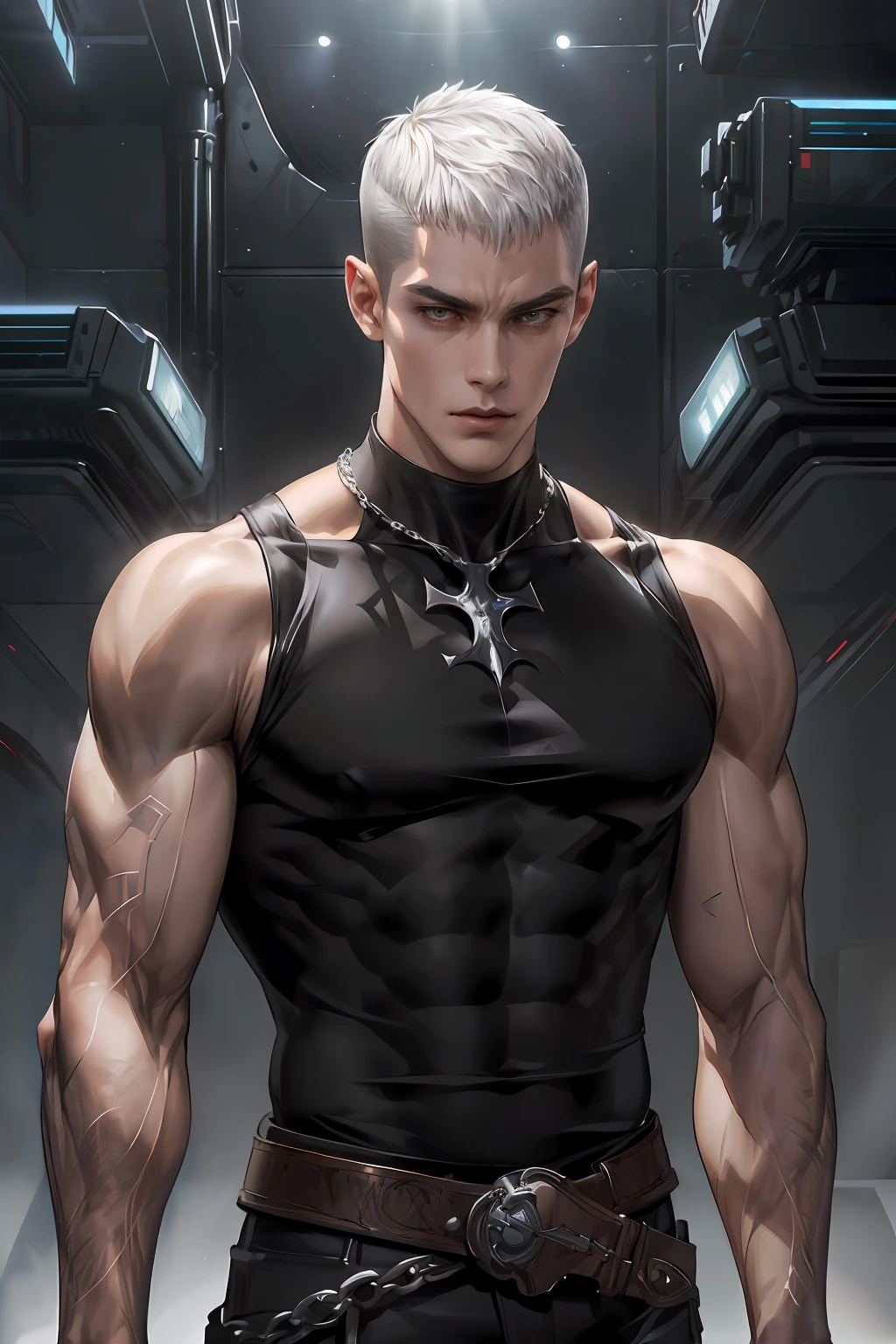 masterpiece, 1male, handsome, tall muscular face, ((POV)), adult, male, murderous, standing still, ((solo)), (forehead), (buzzcut + topcut), short bangs, hair between eyes, voluminous short hair, silver hair, handsome, serious, silver eyes, ((sleeveless black blouse)), wide trapeze, bare shoulder, square chin, ((black cover with broxe)), (muscular), (muscular arm:1.3), dark fantasy, syberpunk, sci-fi ((ultra detailed face, cinematic, ultra detailed, concept art, illustration 4d, 16k)), dynamic lighting, ultra quality, 4K, realistic models.