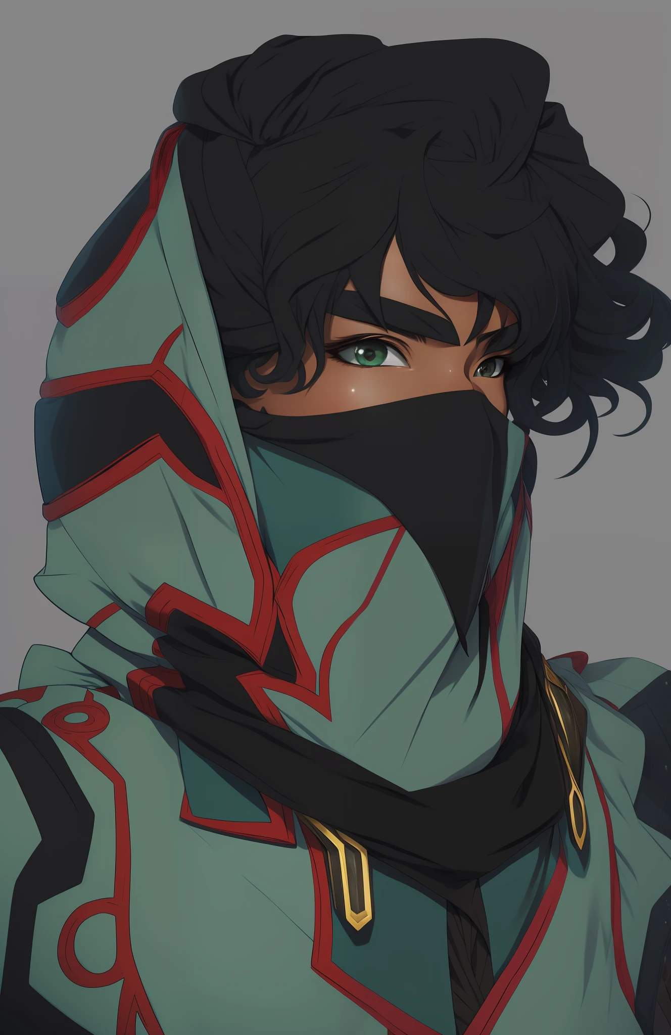 a drawing of a person with a scarf on and a hood on, unknown artstyle, sage ( valorant ), jett from valorant, portrait of a dnd character, concept headshot art, sketchy artstyle, trigger anime artstyle, detailed character portrait, afrofuturism anime, but the armor covers her face, portrait dnd, colored sketch, highly detailed exquisite fanart
