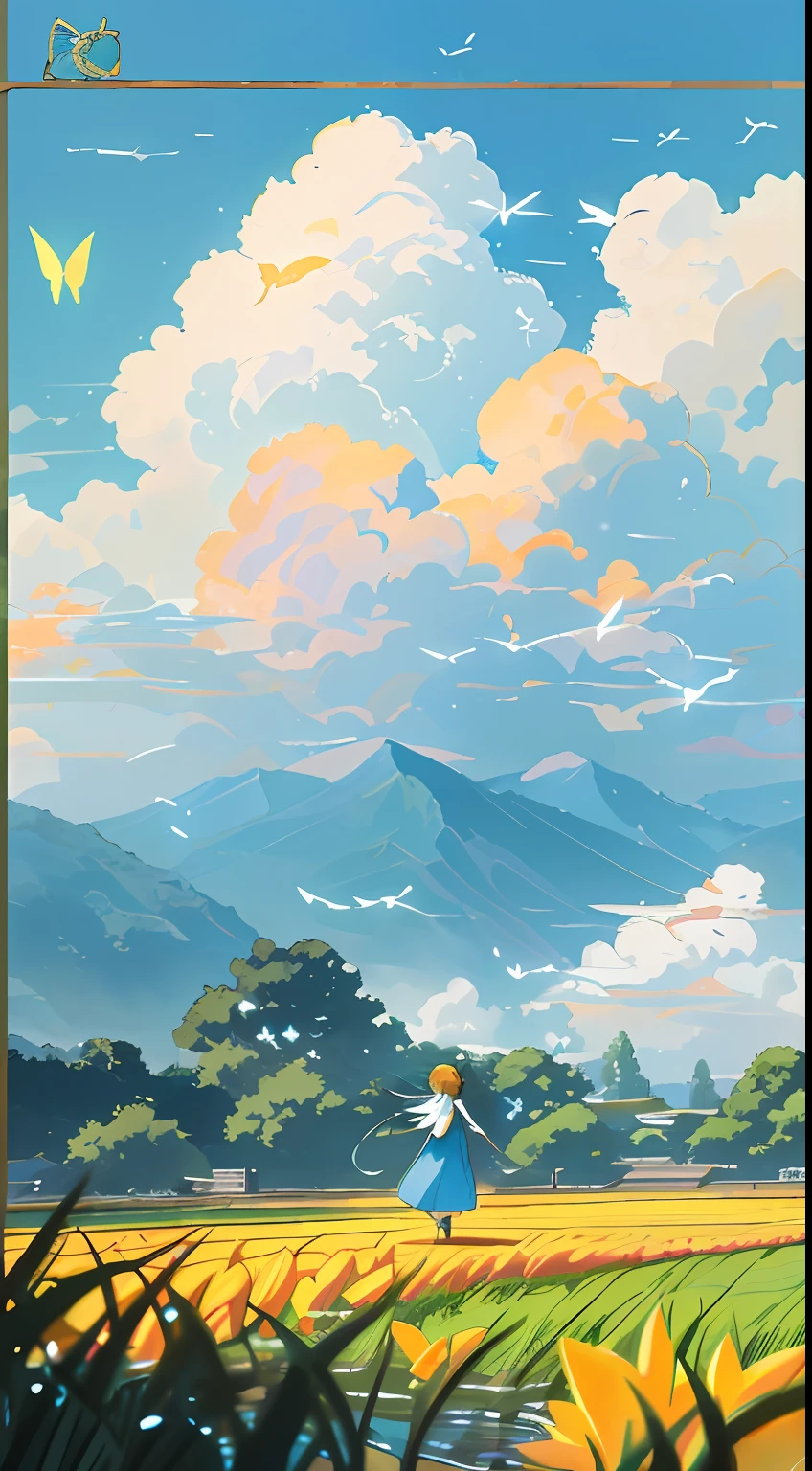 Romanticism, anime, anime style, cinematic lighting, 8k, super detail, ccurate, best quality, UHD, masterpiece, mango poster design, poster, mango, rice field, stream, nature, 1 girl catching butterflies, hayao miyazaki manga style, blue sky and white clouds, summer, healing, normal skin color