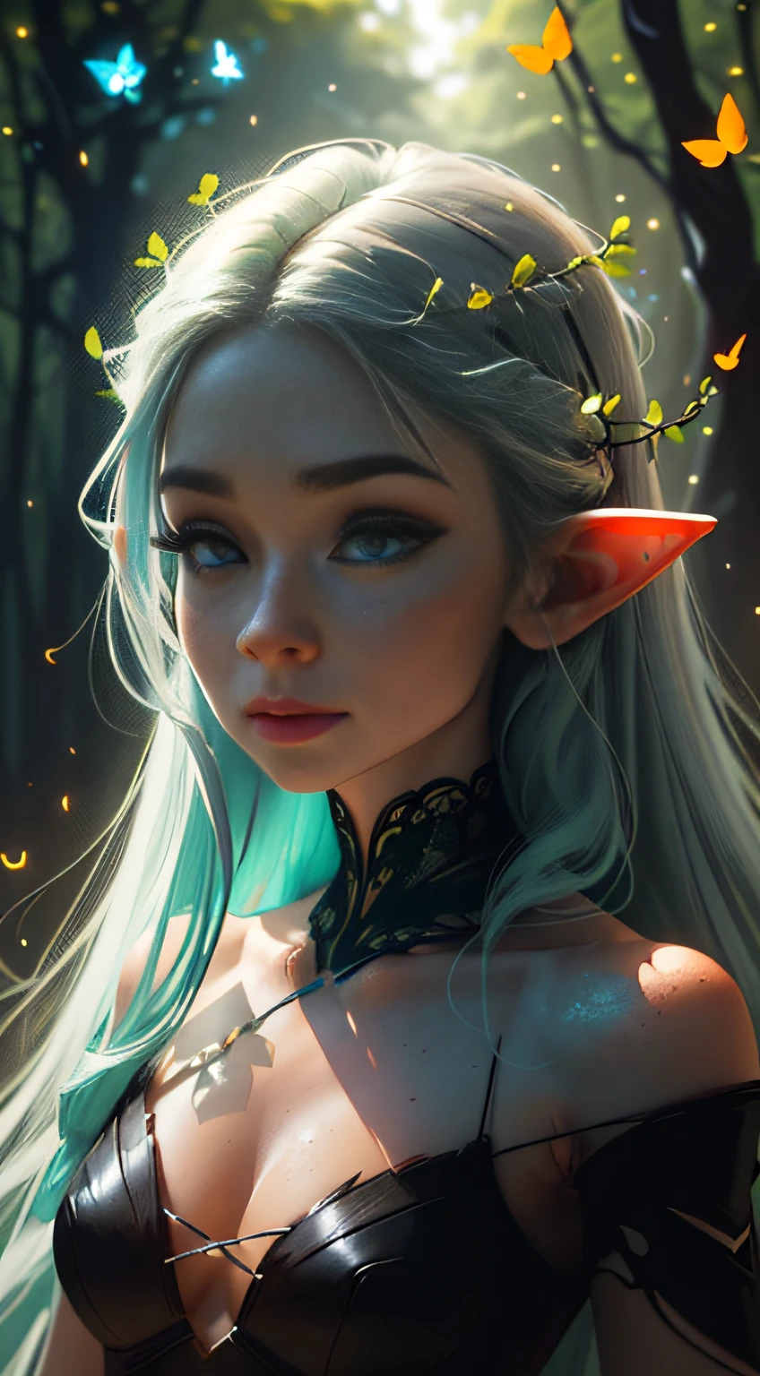 a portrait of a elf girl with freckles and bright striking blue eyes posing for a photo,full body, bare shoulders, muscular, fit, defined abs, thongs, (prominent cameltoe) white freckles, long flowing green hair flying, glowing radiance, beautiful pale makeup, color portrait, stunning portrait, elegant freckles, wearing black thongs with glowing runes of power, black gloves, star-shine, gold dust spread across her skin and her face, (dark, hyper-realistic photos (((portrait))) refraction ,Dark background of magical night forest, deep woods, towering ruins, starlight skies, A mystical and epic landscape, featuring a fantastical and surreal world of floating islands, giant trees, and mythical creatures, that transport the viewer to a world of imagination and wonder, artstation, digital art, intricate, trending, bright colors suitable for viewing in public places A masterpiece, the best quality, stunning reflections, the best reflections ever. (very detailed CG unity 8k wallpapers), (best quality), (best illustrations), (best shadows), forest theme with natural elements. Tall trees, quiet streams, small glowing mushrooms surrounded by delicate leaves and branches, with fireflies and glowing particle effects,, (natural elements), (jungle theme), (leaves), (twigs), (fireflies), butterflies, (delicate leaves), (glow), (particle effects). , Isometric 3D, Octane Rendering, Ray Traced, Super Detailed